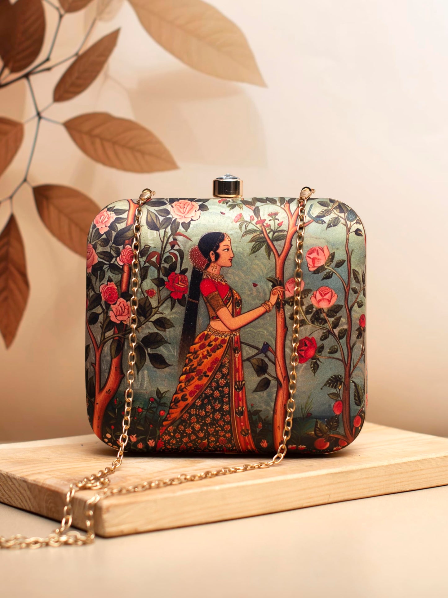 Artklim Green & Pink Women, Roses Printed Quirky Sling Clutch - Square Handbag with Golden Detachable Chain Strap - Birthday Gift for Mom