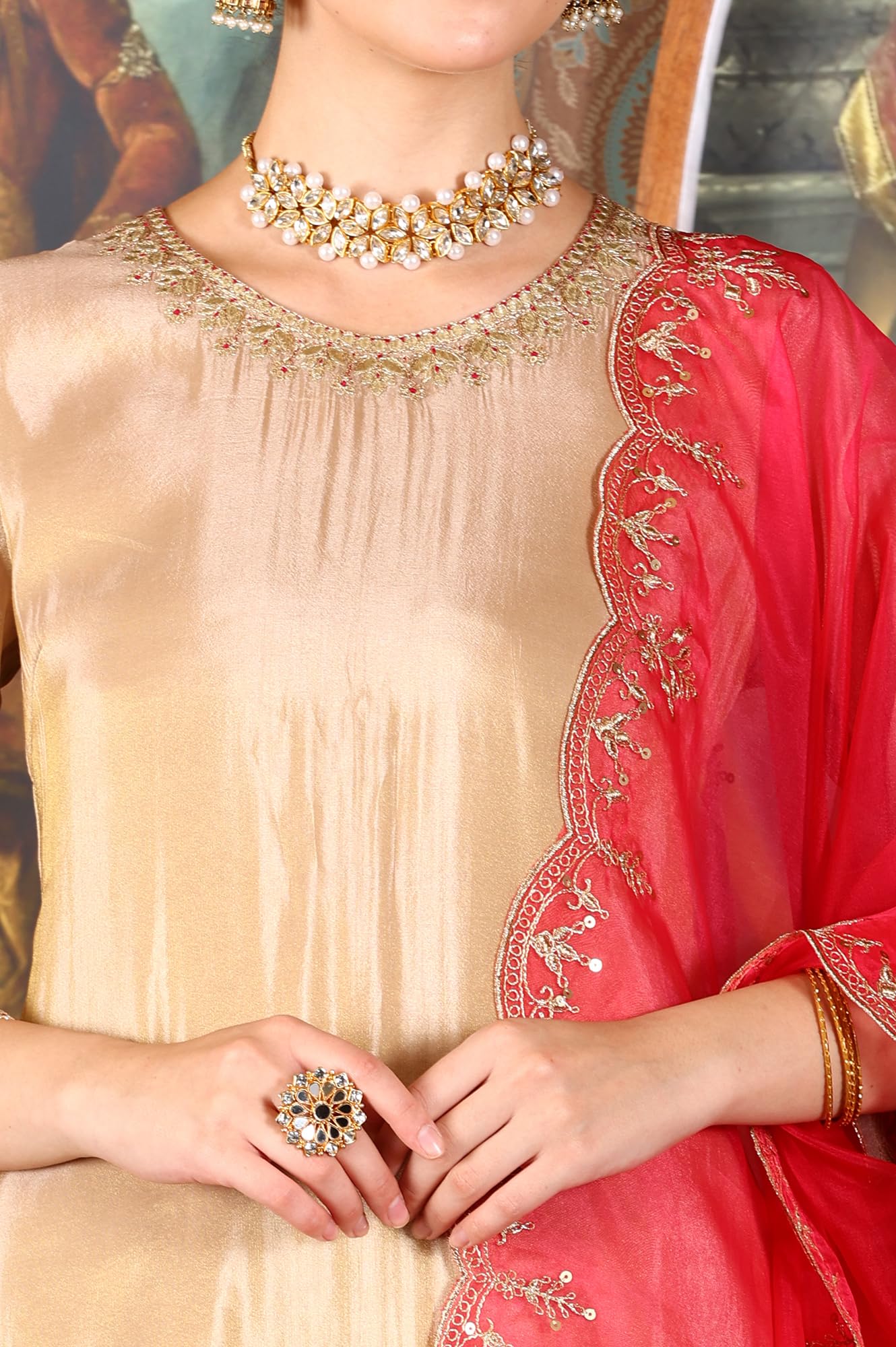 W for Woman Women's Gold Viscose Zari Embroidered Short Kurta Pant with Dupatta Set