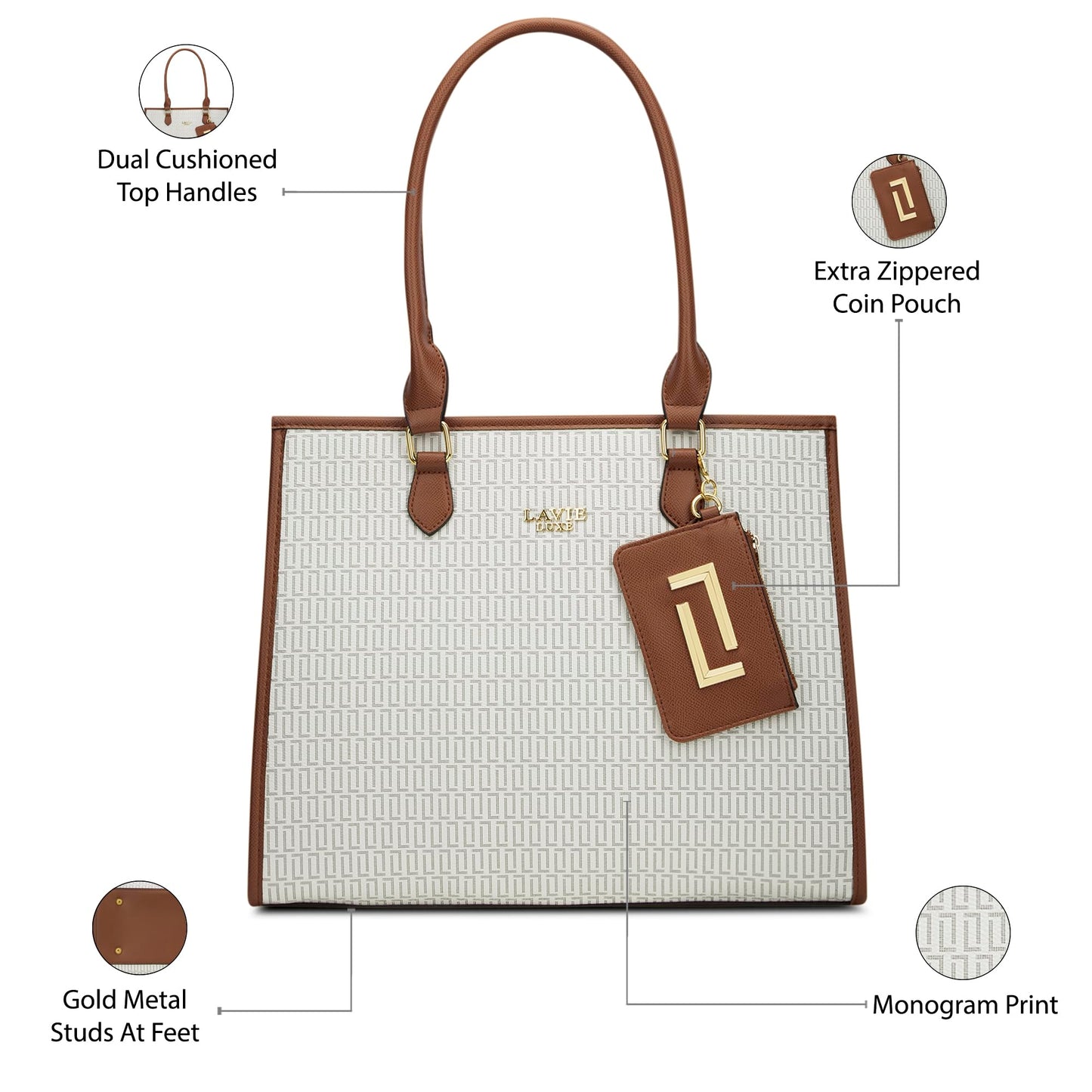 Lavie Luxe Women's Monogram Quad25 Pro Tote Laptop Bag | Fits Upto 14 Inch Laptop | Tote Laptop Bag for Work | Ladies Purse | Stylish Shoulder Bag | Gift for Women