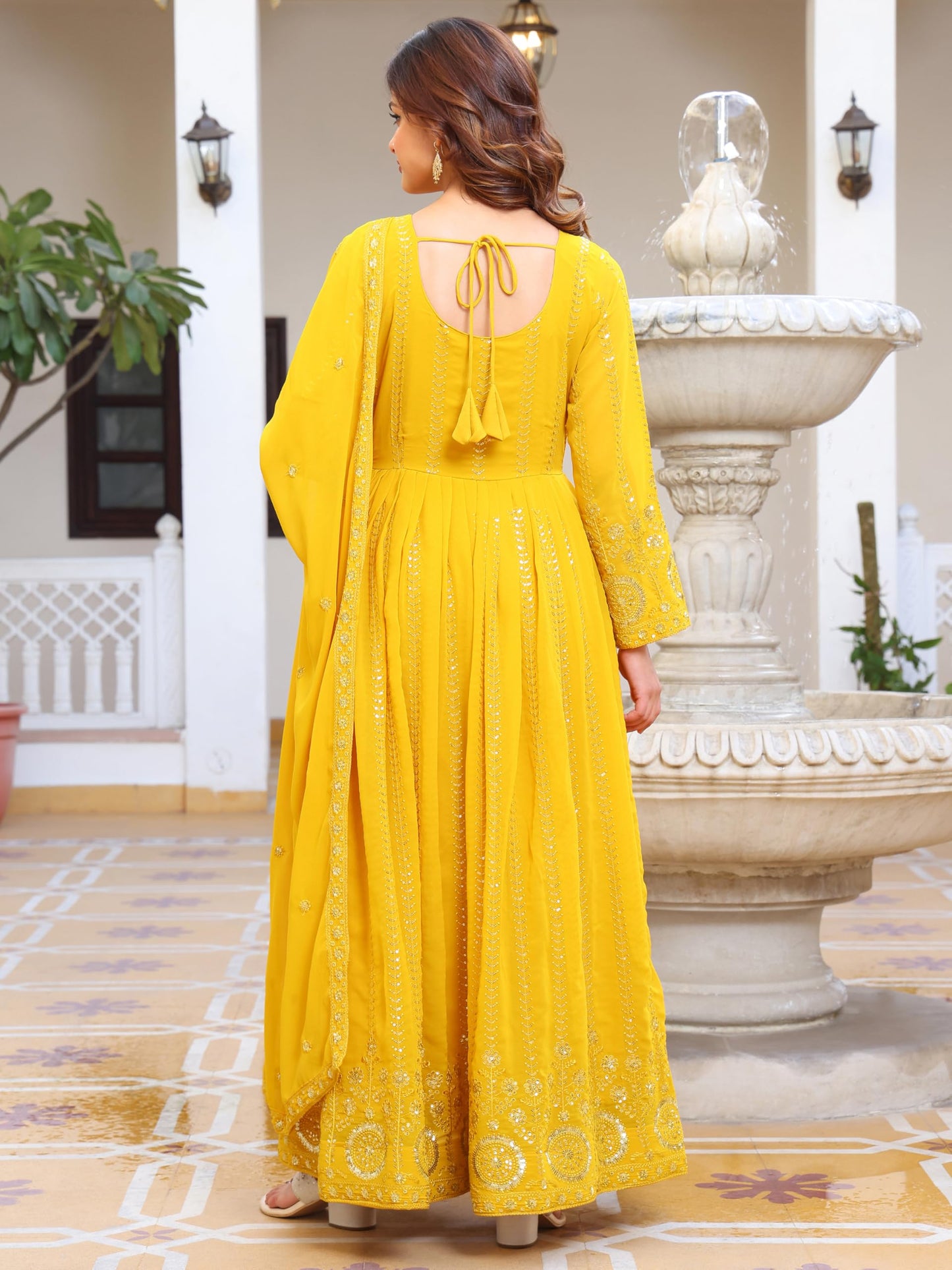 Fashion Basket Embroidered Anarkali Dress for Women Yellow
