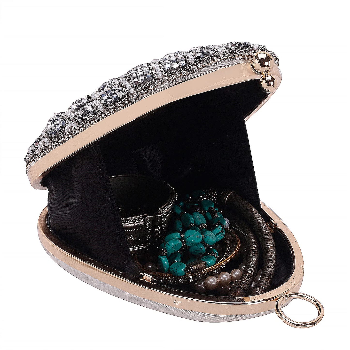 SWISNI Grey Elegant grey embroidered almond shape clutch II Women's Traditional Designer Clutch For Women & Girls II EMBROIDERED CLUTCHES