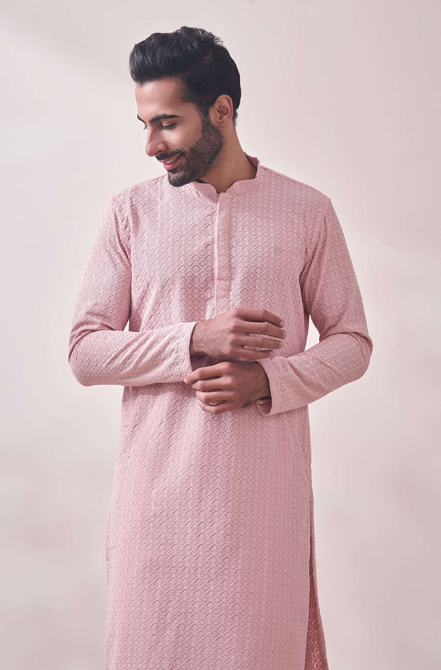Manyavar Pink Blended Cotton Full Sleeve Kurta Set | Traditional Kurta Set For Men (M)