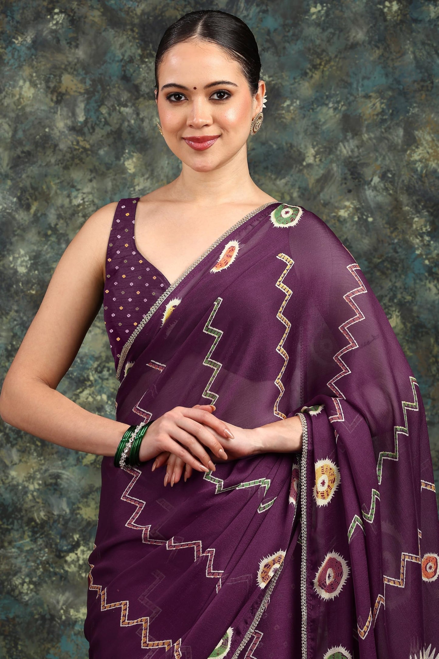 MIRCHI FASHION Women's Chiffon Chevron Block Printed Saree with Blouse Piece (50724 - Dark Magenta, Multicolor)