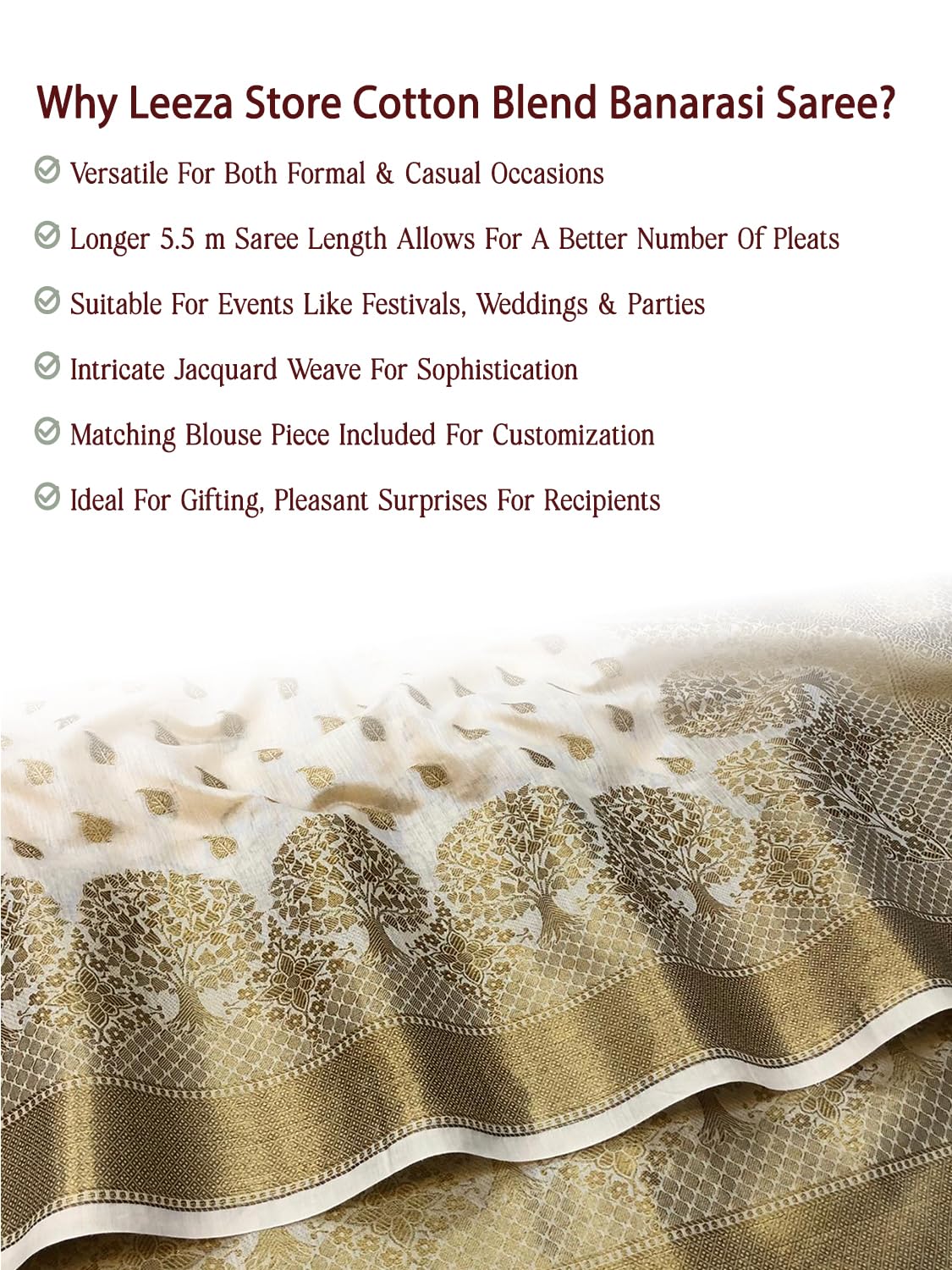leeza store Women's Khaki Cotton Silk Blend Golden Zari Tree Pattern Border Rich Pallu Banarasi Saree With Blouse Piece