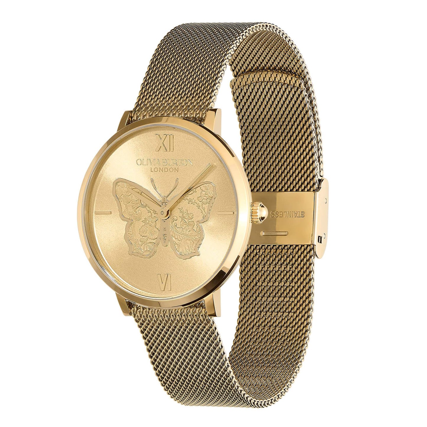Olivia Burton Signature Butterfly Qtz Basic Light Gold Round Dial Women's Watch|Ionic Plated Thin Gold Steel Material|Gold Color Band - 24000147