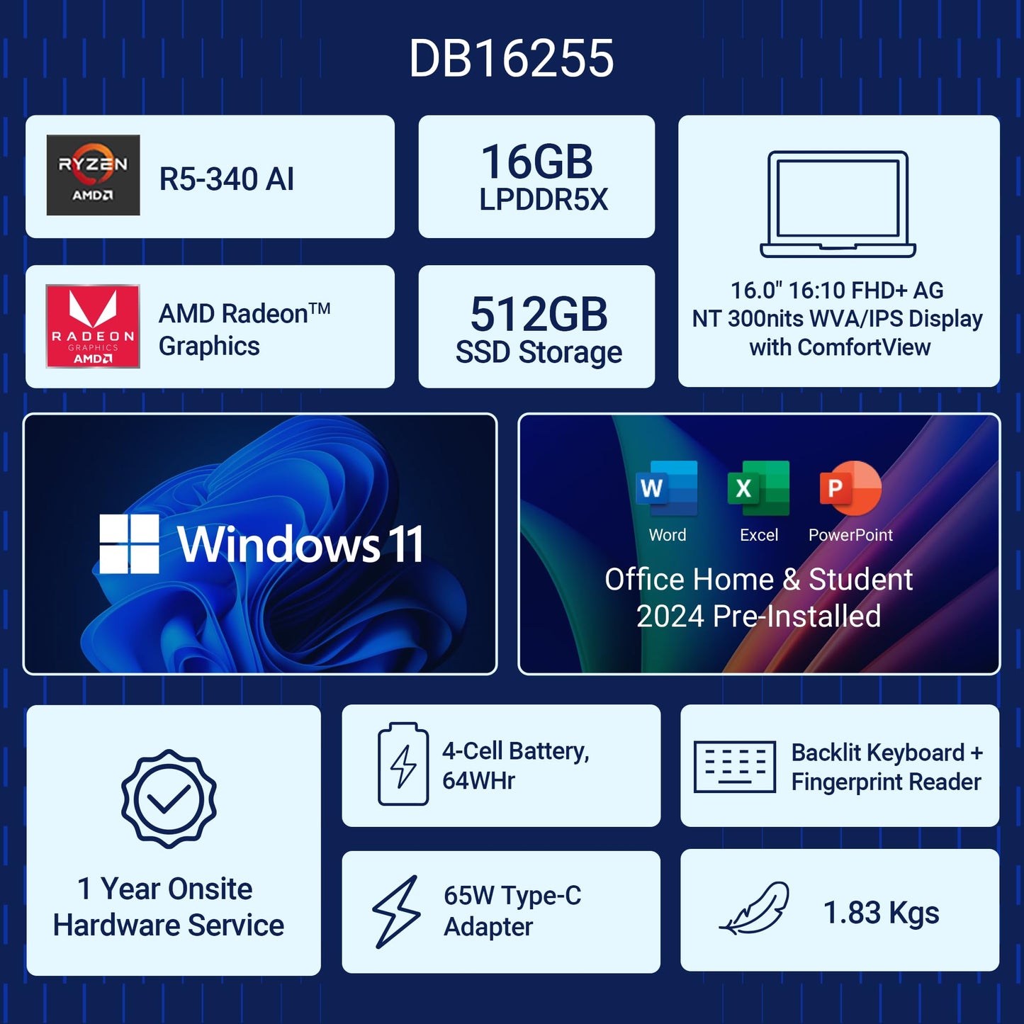 Dell 16 AMD Ryzen AI, R5-340 Processor, 16 GB LPDDR5X, 512 GB SSD, 16" (40.64 cm) FHD Plus, Win11+MSO 2024, Ice Blue, 1.83 Kg,AMD Radeon Graphics, 300 Nits IPS, Backlit+FPS Keyboard, AI Powered Laptop