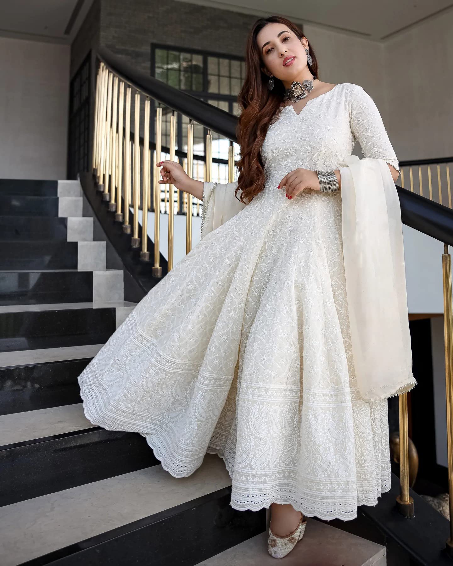 Royal Export Women's Cotton Blend White Chikankari Anarkali Gown with Dupatta | Dresses for Girls | Pant Not Included-XXL