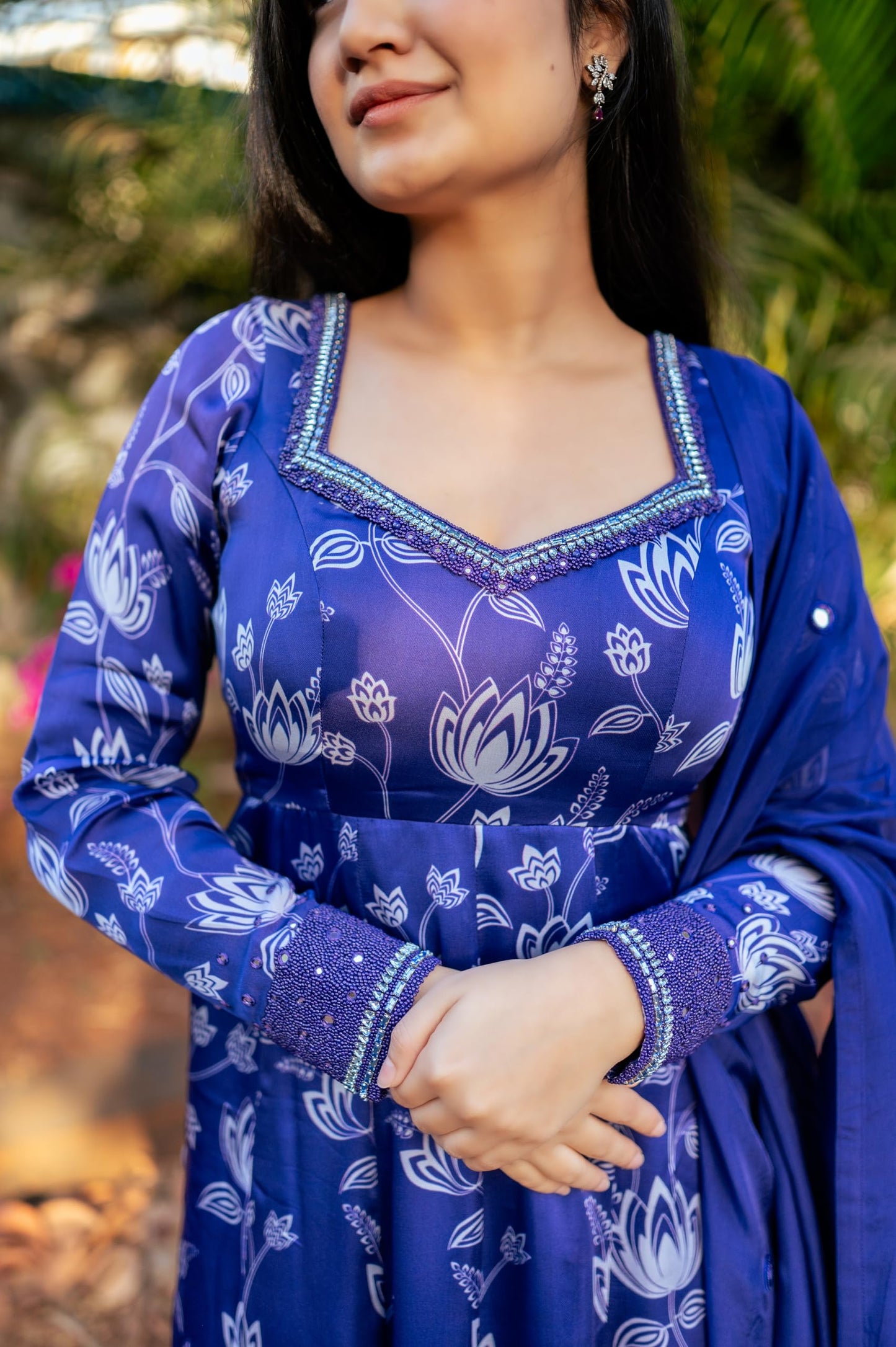 essaySumedha Agrawal Organza Satin Organza Santoon Lotus Print Anarkali for Women (Size: M, Violet)