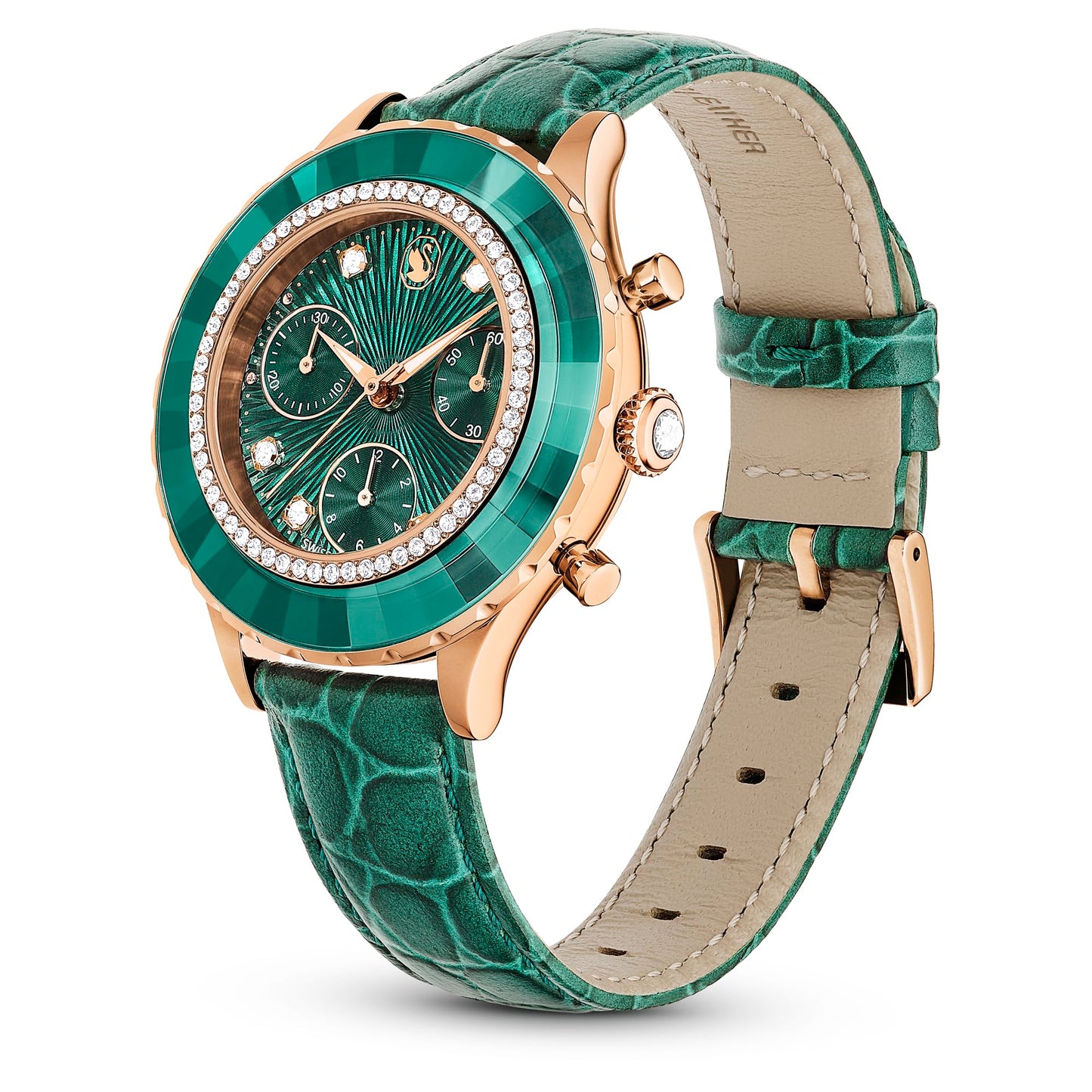 Swarovski Leather Analog Rose Gold Dial Women's Watch-5672931, Band Color-Green