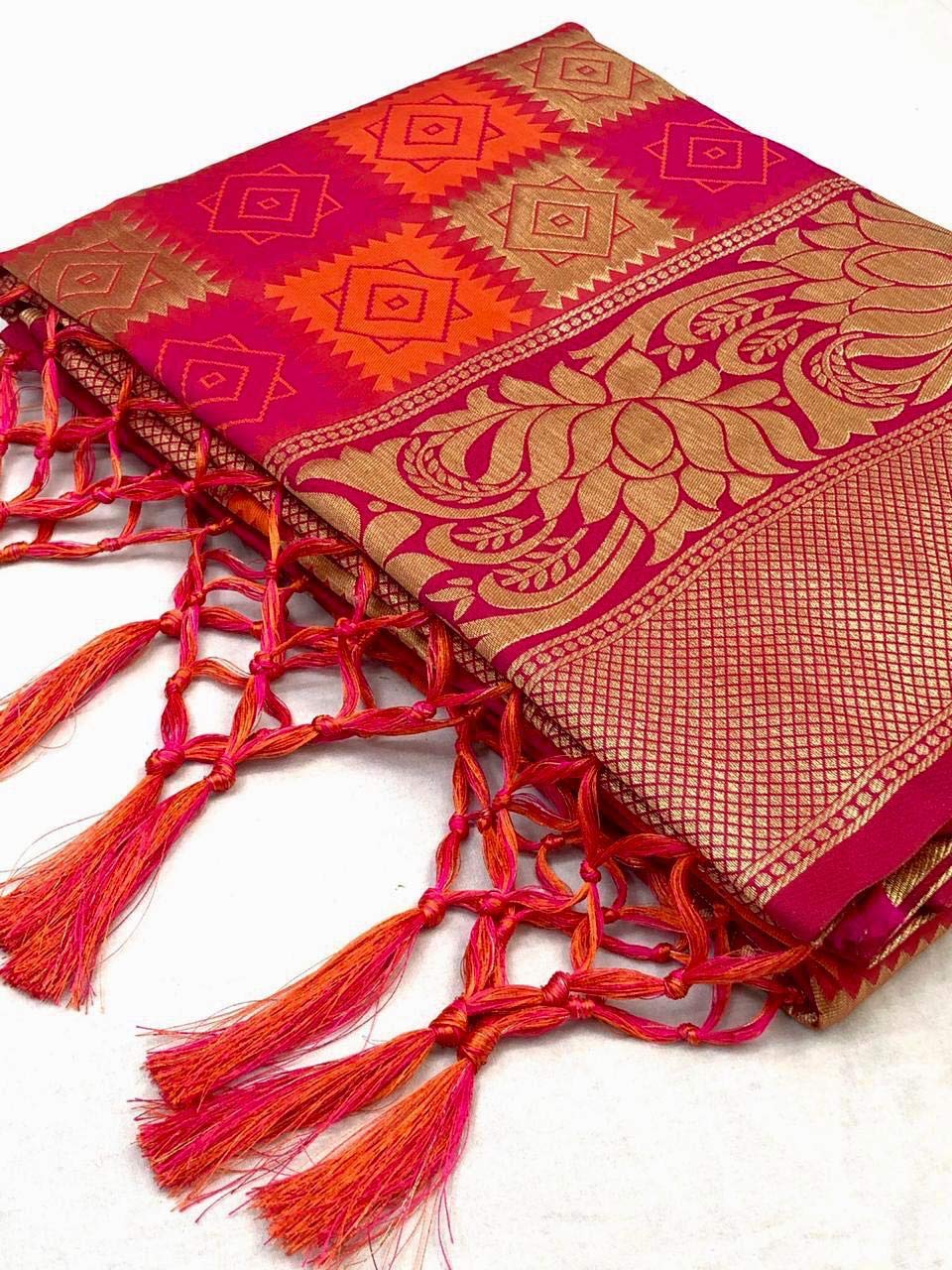 SGF11 Women's Kanjivaram Soft Silk Saree With Blouse Piece (Orange, Pink, Golden)