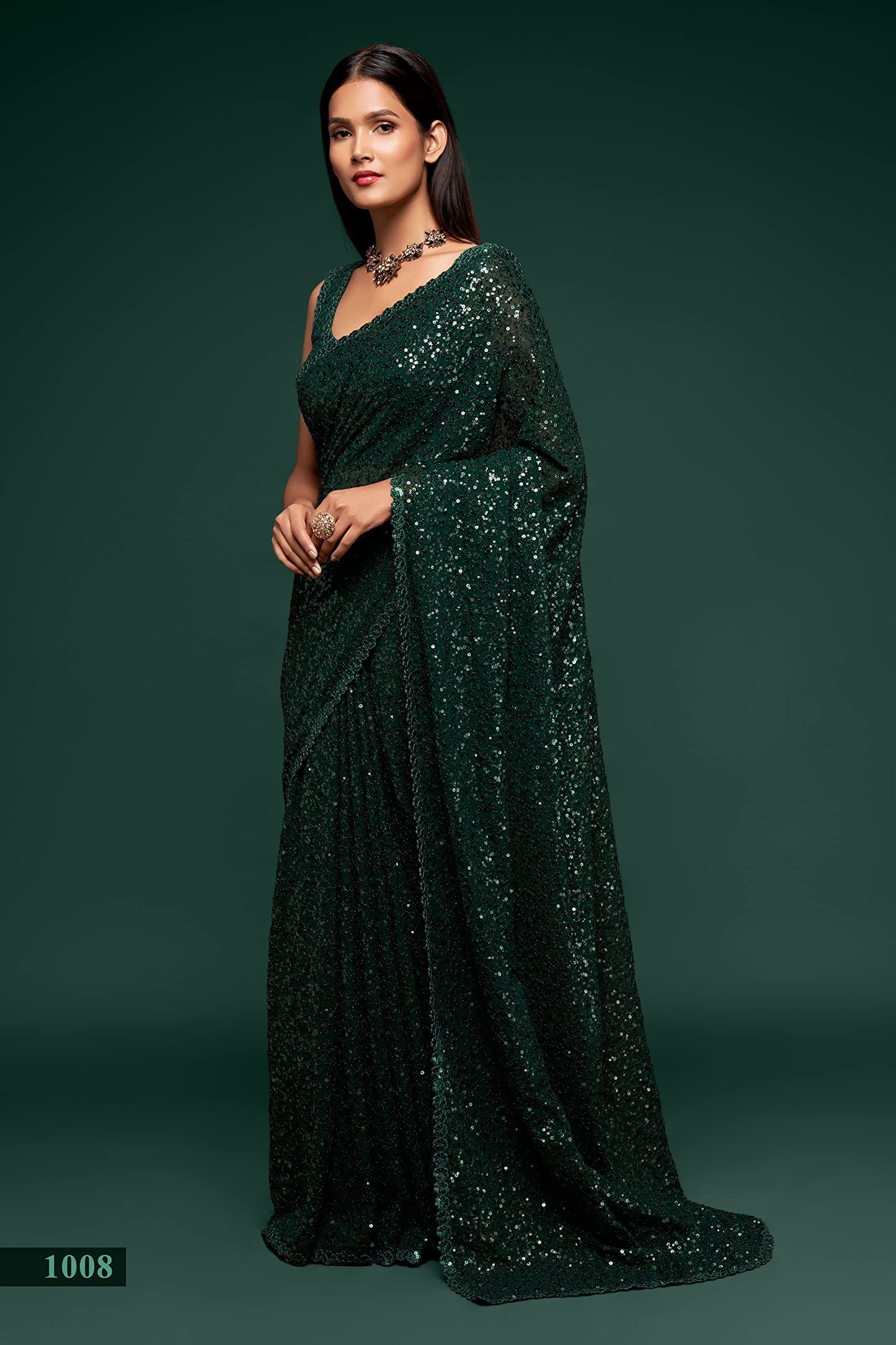 Zeel Clothing Women's Dark Green Sequins Work Heavy Georgette Saree with Blouse (1008-Deep-Green-Sequins-Party-Saree, Deep Green)