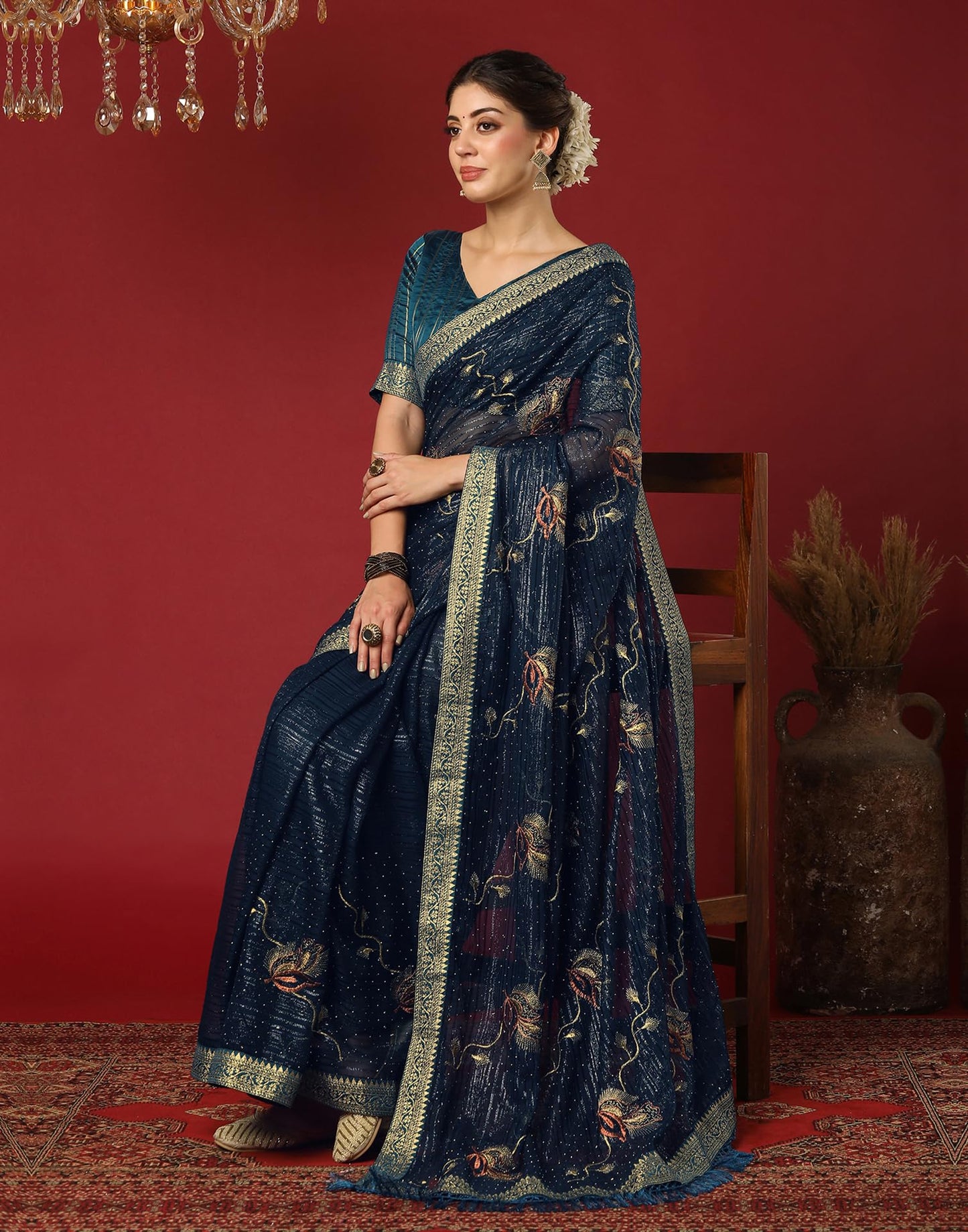 Satrani Women's Georgette Stone Work & Embroidery Saree with Unstitched Blouse Piece (4397S3142N_Rama Blue)
