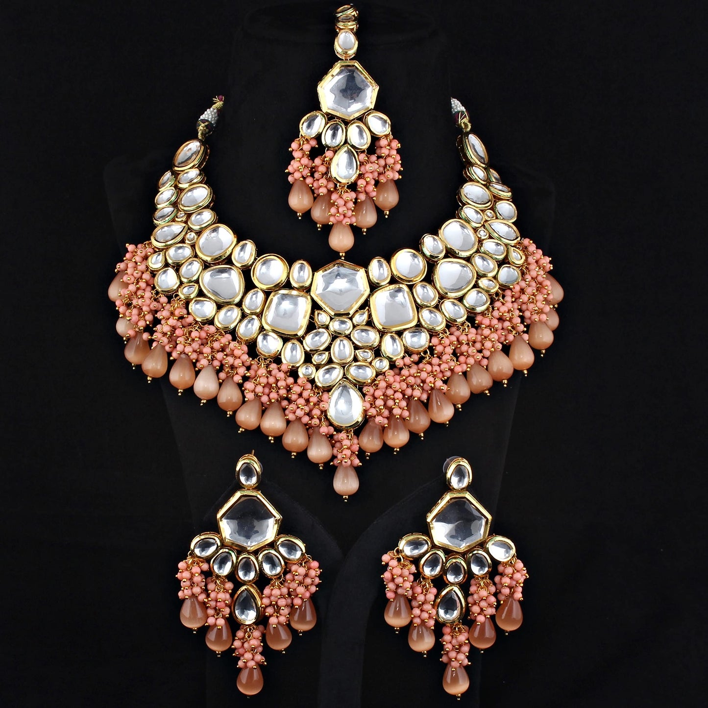 Lucky Jewellery 18K Gold Plated Peach Color Kundan Stone/Uncut Kundan/Dibbi Kundan/Meena Kundan/Lucknow Kundan with Monalisa Drop Bridal Set for Girls & Women (5910-M4SK-1574-PH)