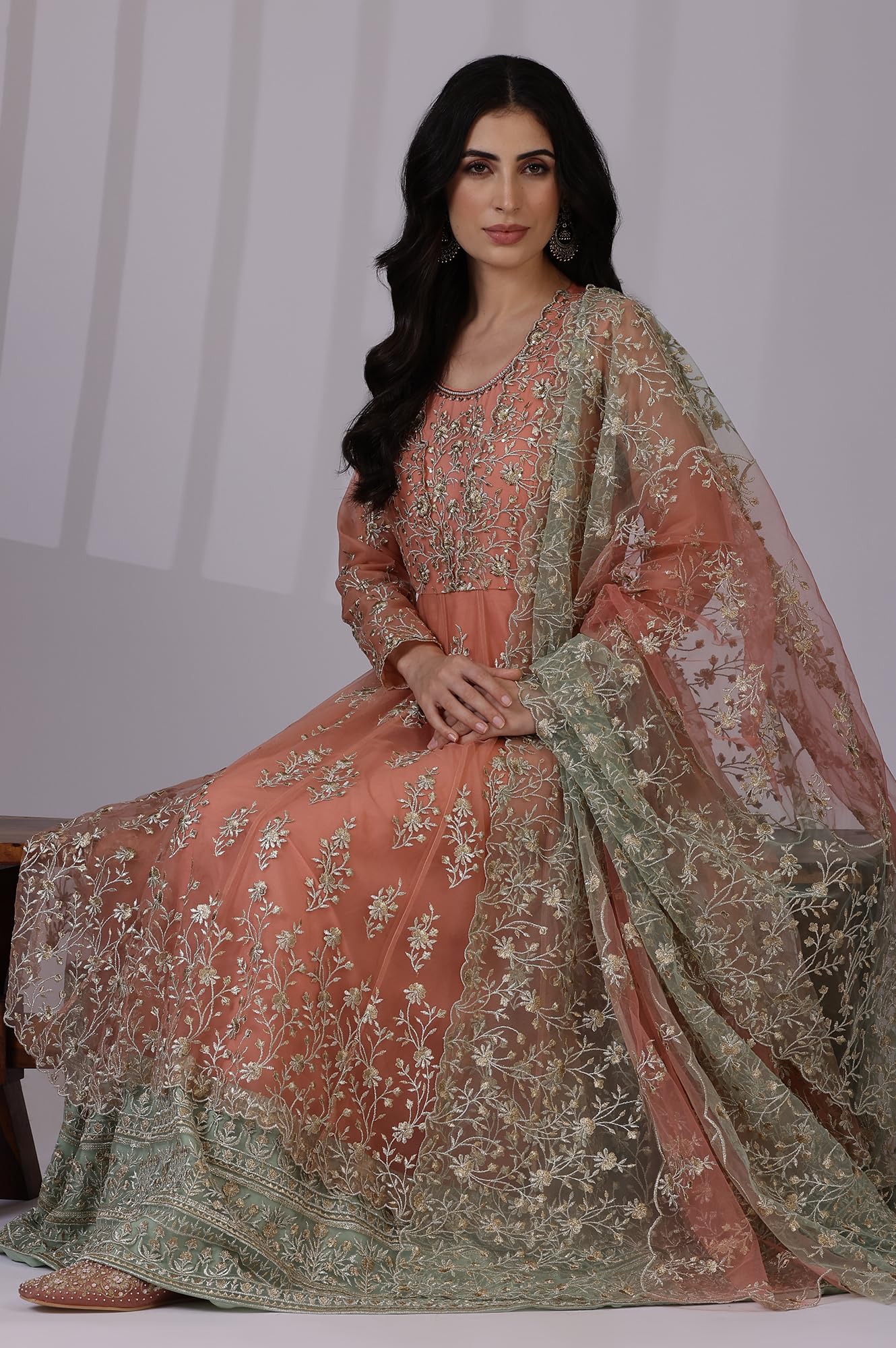 W for Woman Peach and Green Ombre Heavy Metallic Embroidered Layered Dress and Dupatta Set (Size: M)-24AUSP11987-400734