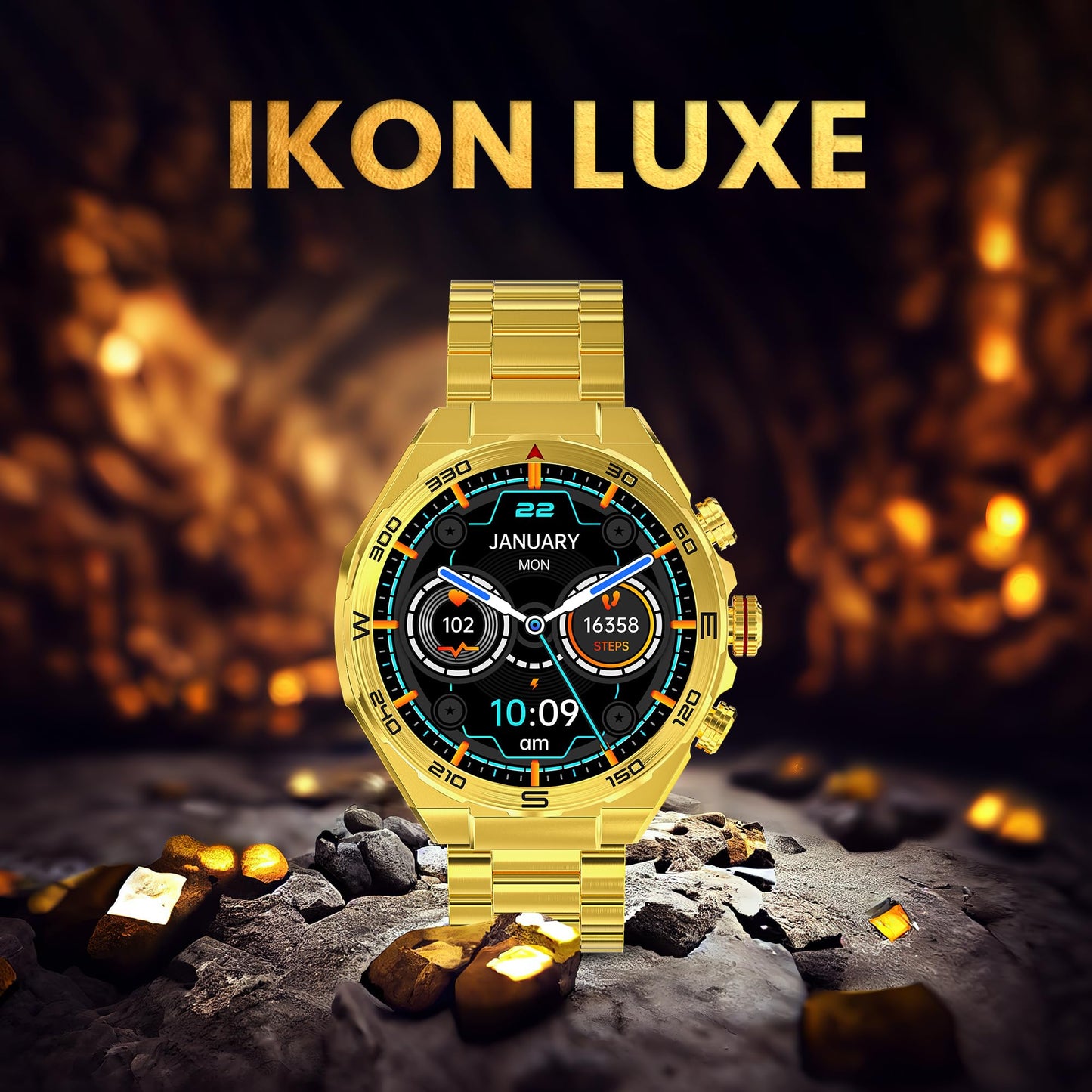(Refurbished) GIZMORE IKON Luxe 3.93cm (1.55) FHD Display | AOD with 600 NITS I Active Crown & 3 Buttons Control | IP68 | Zinc Alloy Metal Body | 15 Days Battery & 120 Sport Modes I BT Calling Smartwatch (Gold)