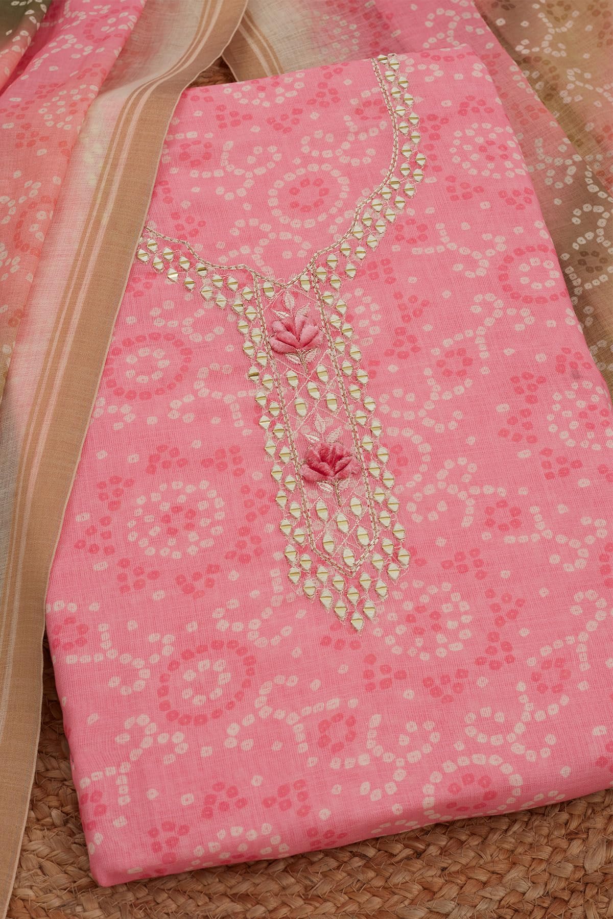 Soch Womens Pink Linen Bandhani Print Unstitch Dress Material With Mirror