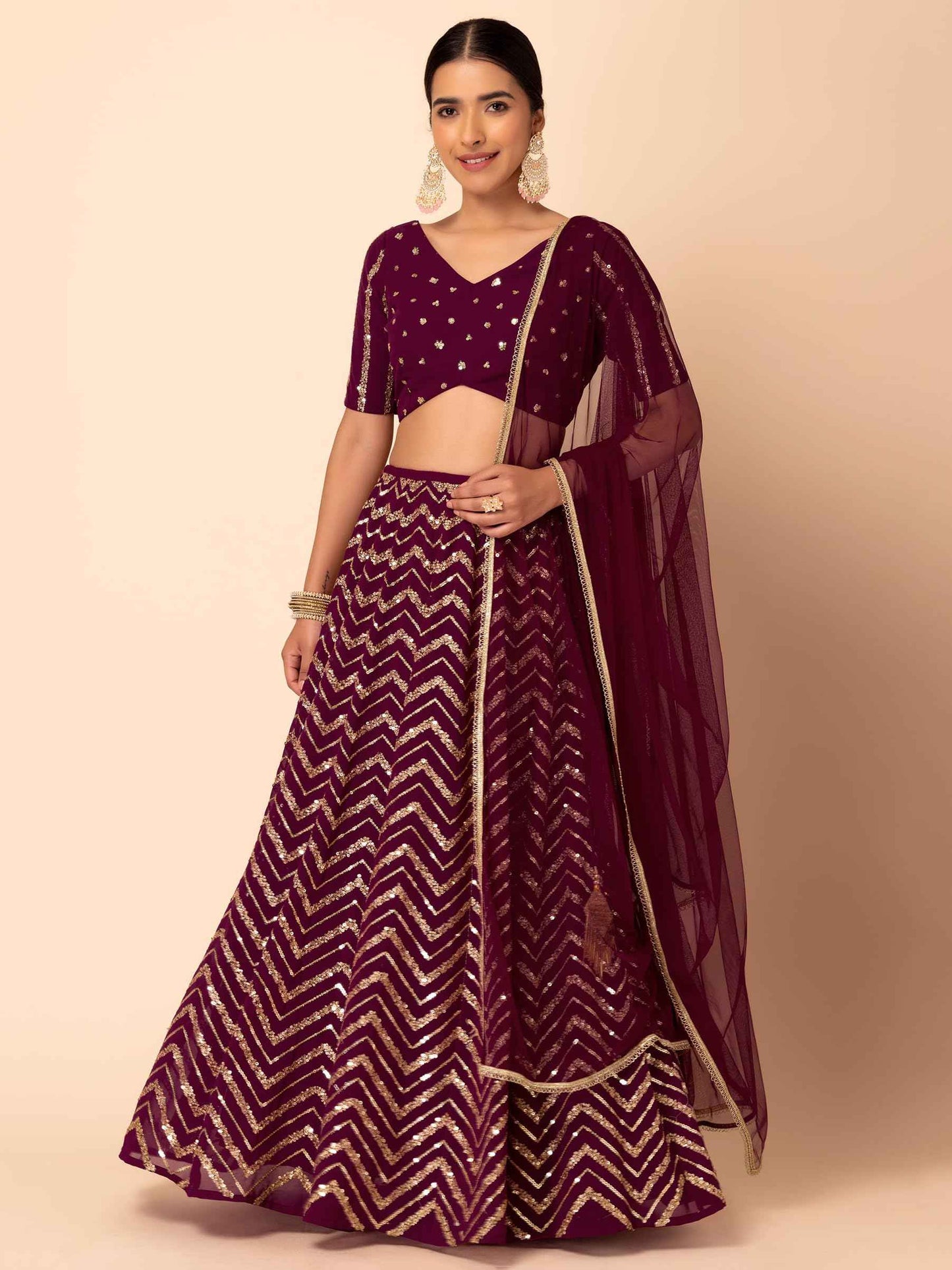 Zeel Clothing Women's Sequins Zari Embroidered Georgette Designer Semi Stitched Lehenga Choli With Dupatta (7094-Maroon-Womens-Lehenga-Choli-Latest; Free Size) (Maroon)