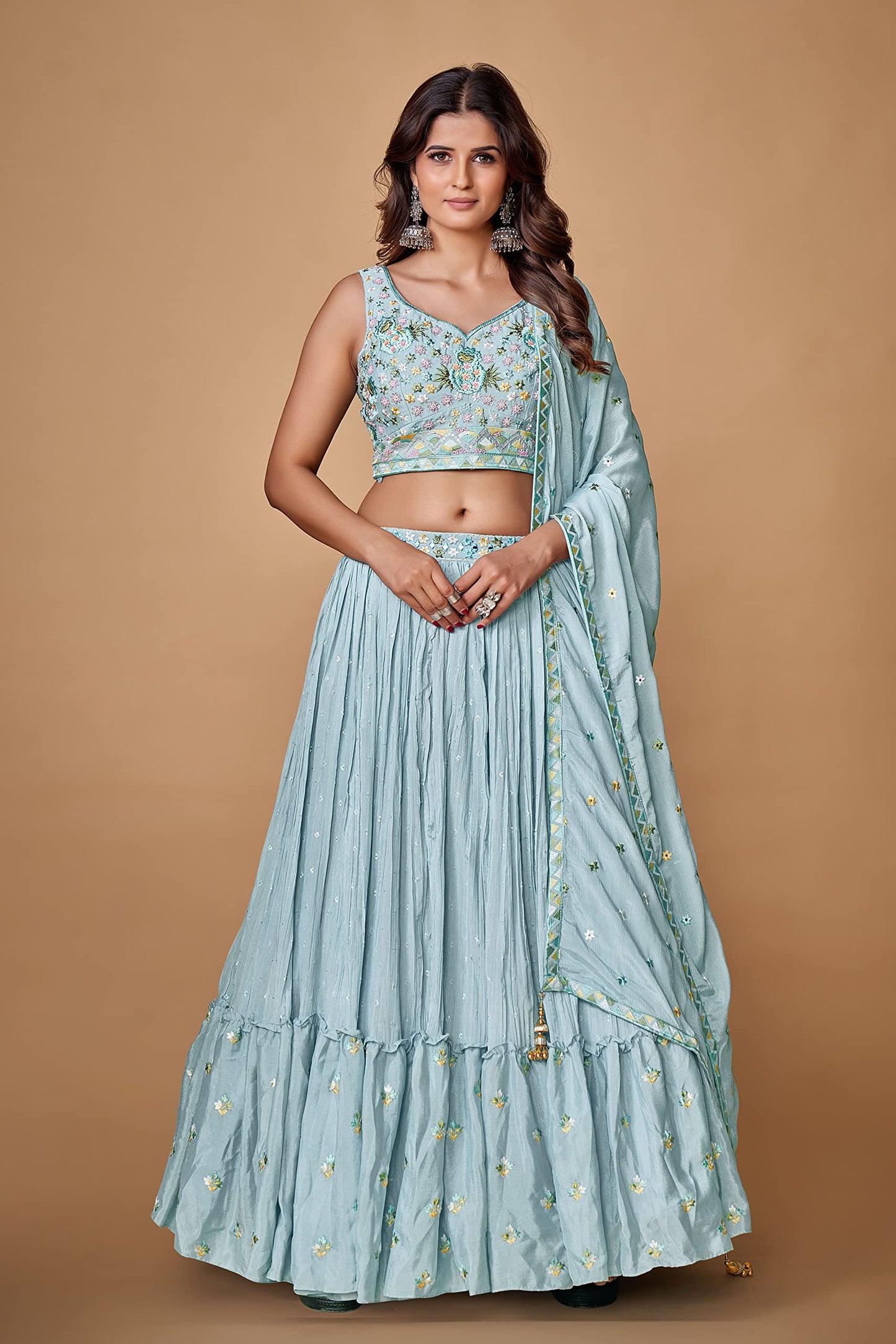FUSIONIC Sequins With Pearl Powder Blue Ruffle Lehenga