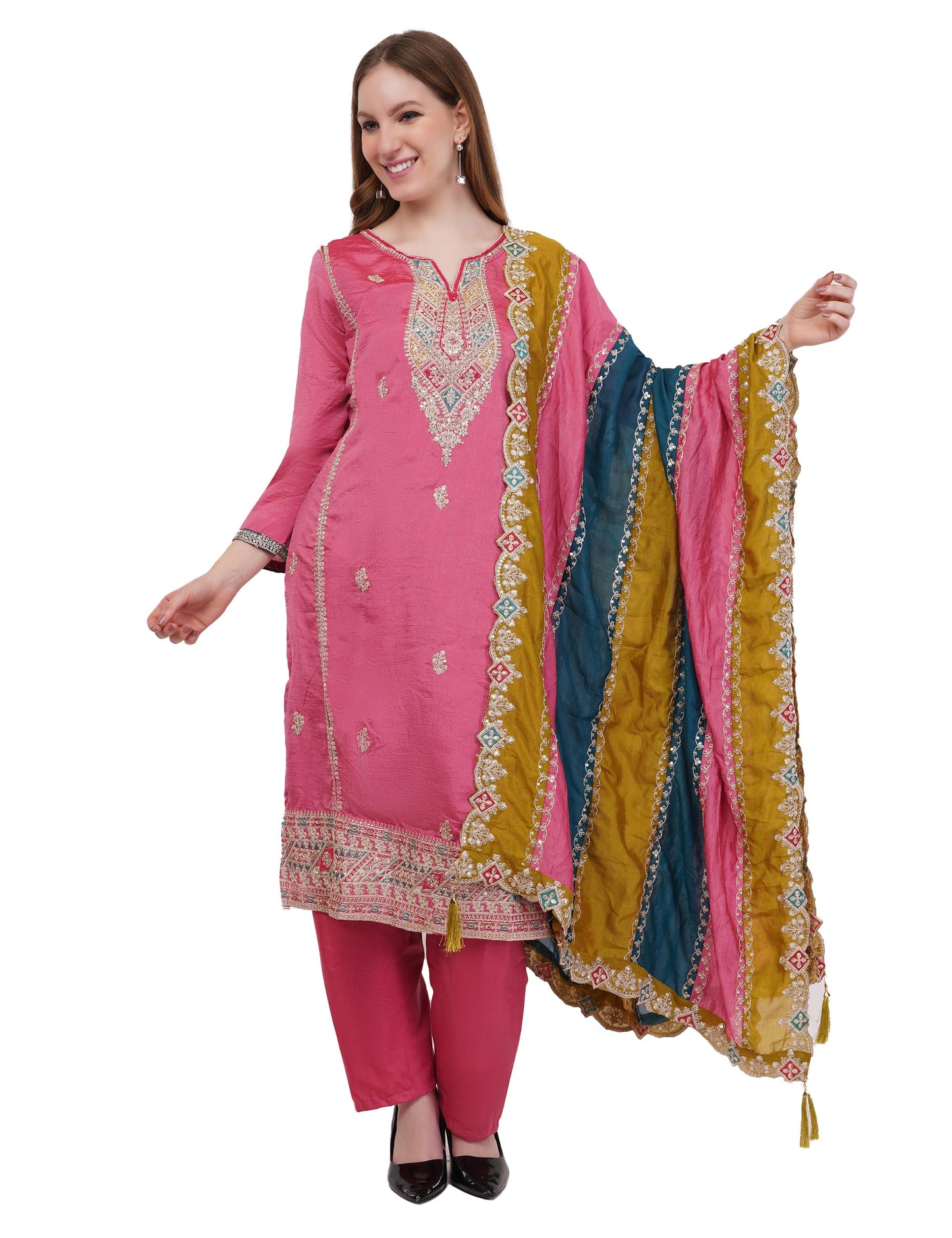 dhartii Vichitra Silk Suit Set for Women | Multi Thread & Zari Embroidery Stitch | 3- Piece Dress with Mix Colour Dupatta