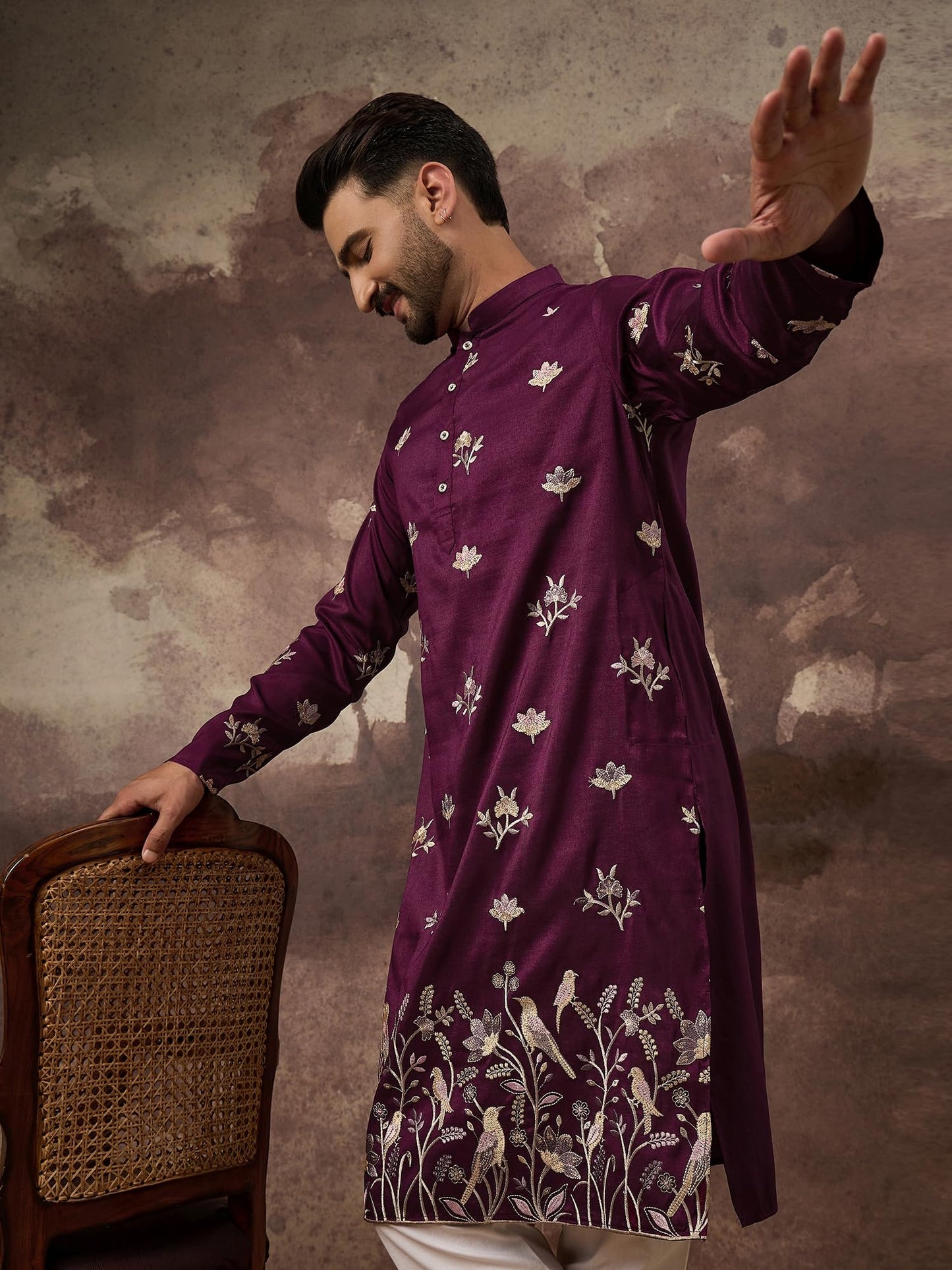 Ethnic Bay Men's Purple Silk Blend Solid Embroidered Calf Length Kurta's | Embroidered Kurta for Men | Straight Fit Kurtas for Mens (MKU1340, S)
