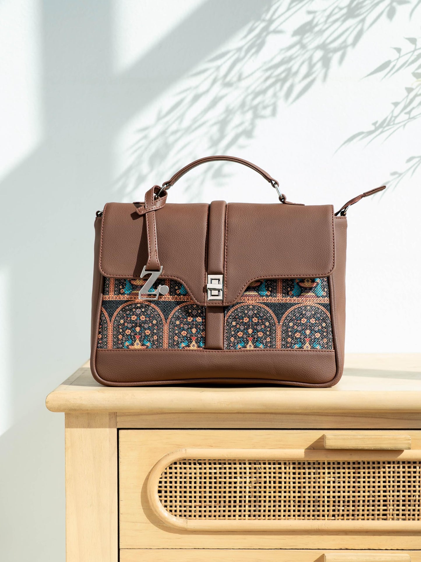 ZOUK | Royal Indian Peacock Motif Women's Vegan Leather Nessa Satchel | Kriti Sanon Collection | Stylish Handbag with Adjustable Strap, Top Handle | Motif