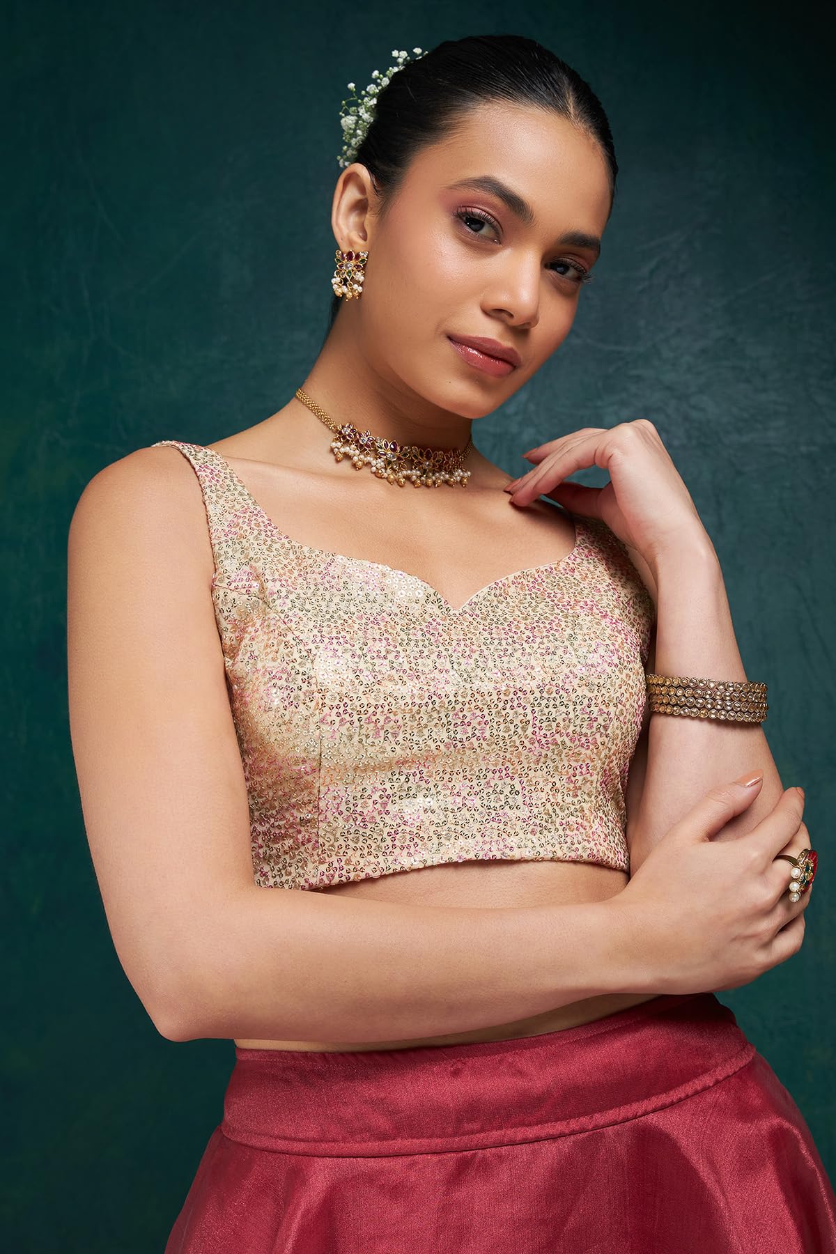 Soch Womens Beige Sequinned Embellished Georgette Padded Blouse