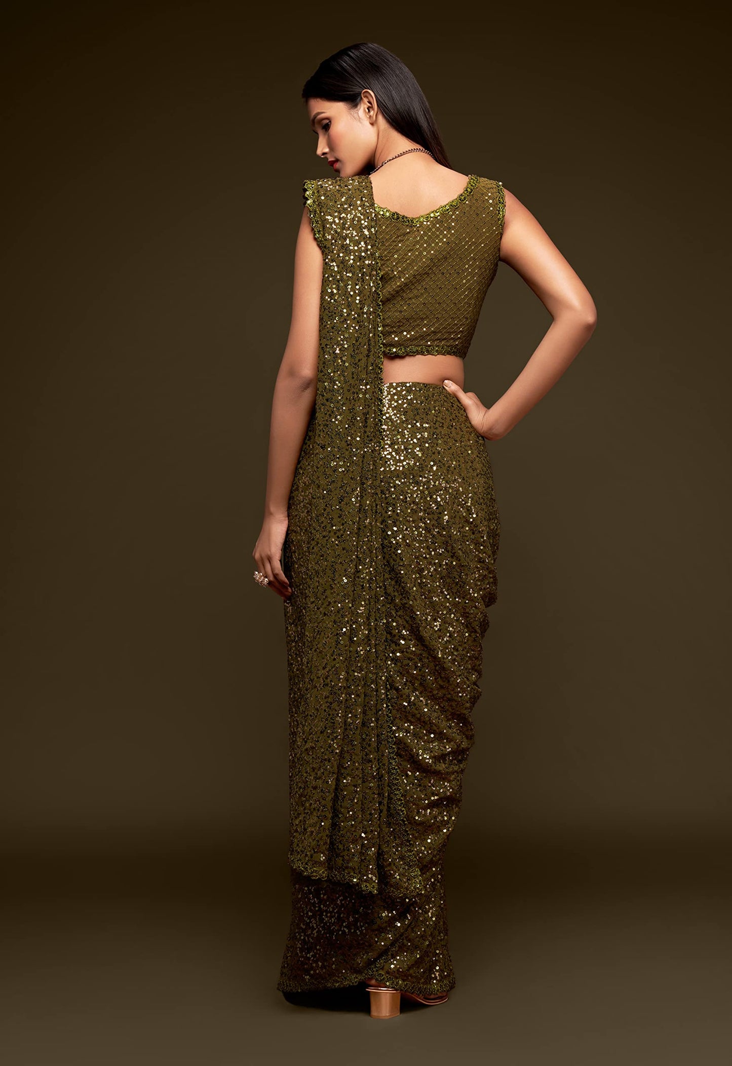 TRENDMALLS Women's Georgette Embroidery Sequin Work Saree with Unstitch Blouse Piece (K951-Mehndi)