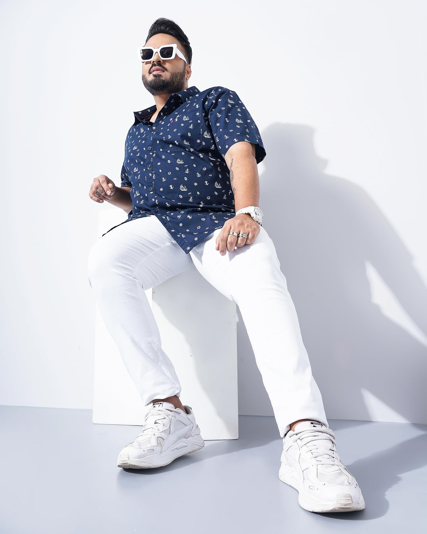 Hardsoda Men Plus Size Navy Quirky Printed Casual Shirt