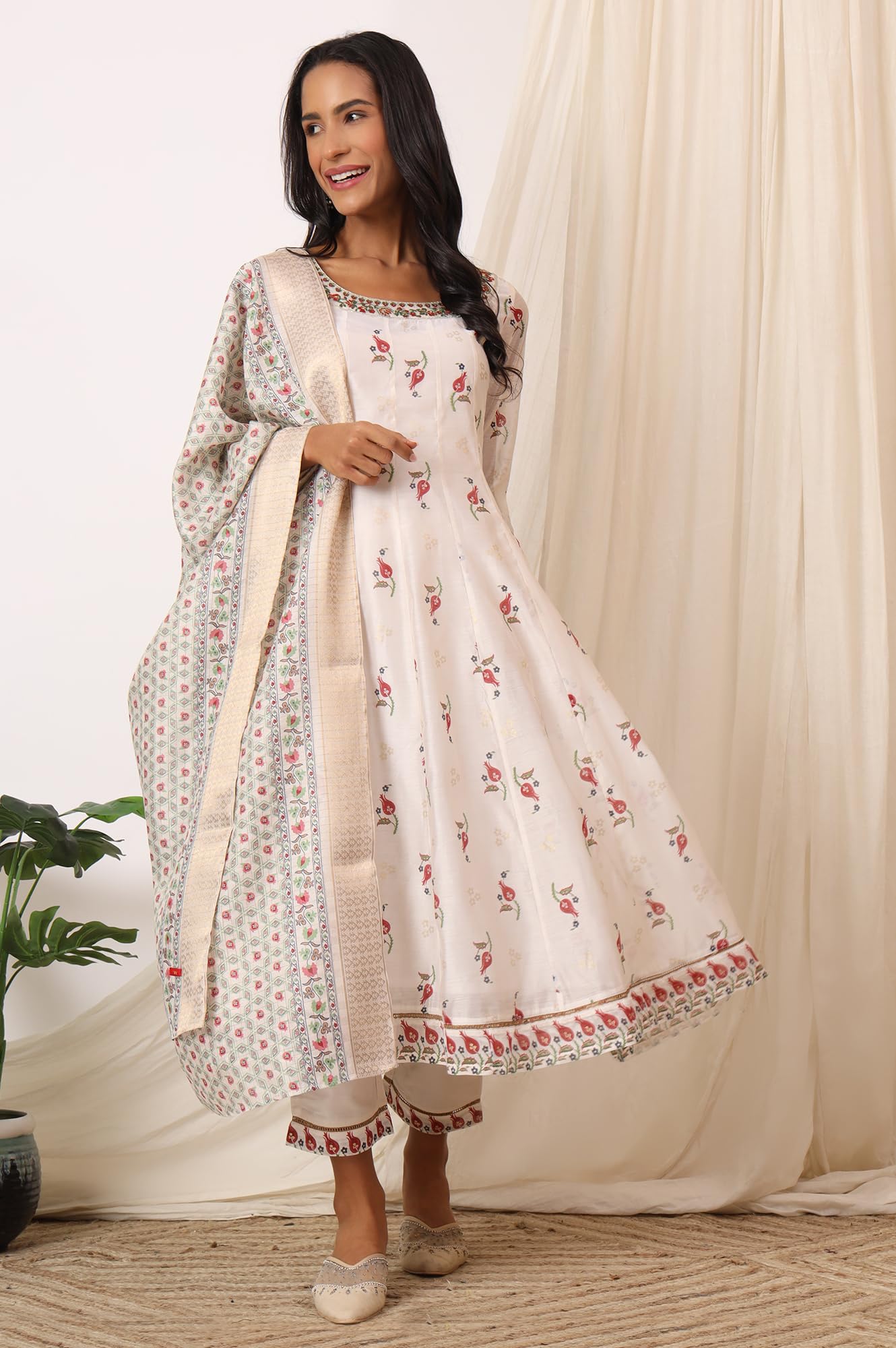 W for Woman White Floral Printed Chanderi Anarkali Kurta, Pants and Dupatta Set (Size: 2XL)-WS12119-124225