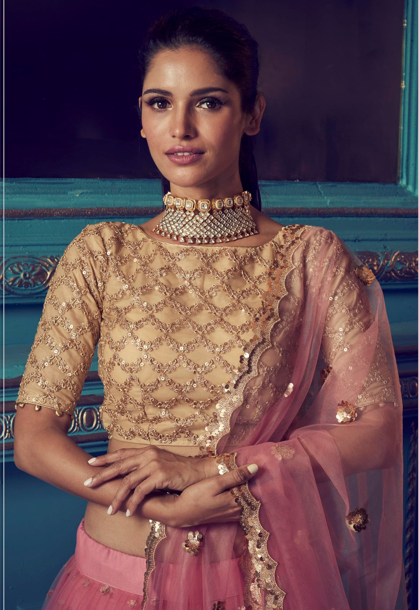 Divine Exim Women's Net Semi Stitched Lehenga Choli with Dupatta | Dori and Sequin Embroidery Pattern | Traditional, Wedding, Ethnic Wear Lehenga (Pink)