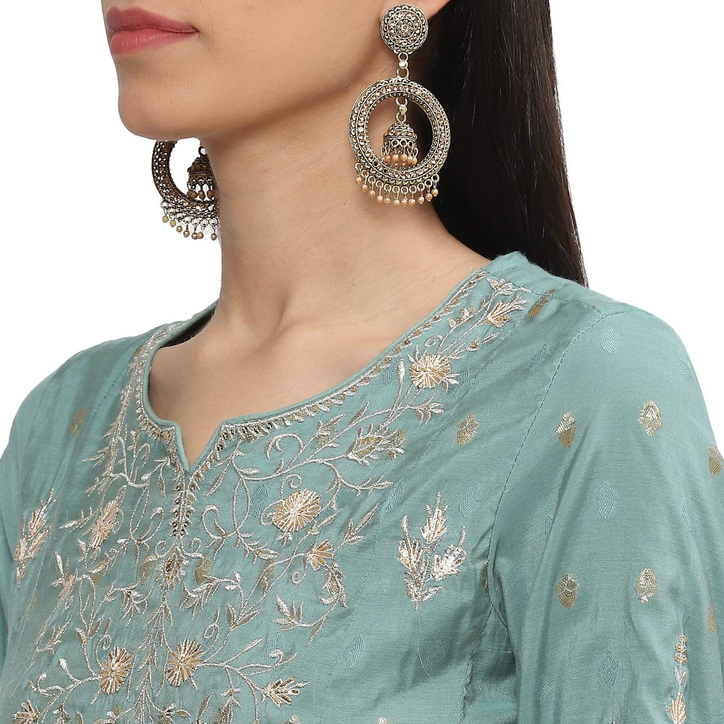 BIBA WOMEN EMBROIDERY RELAXED SALWAR KURTA DUPATTA(SKDKIRAN8469_SAP GREEN_40)