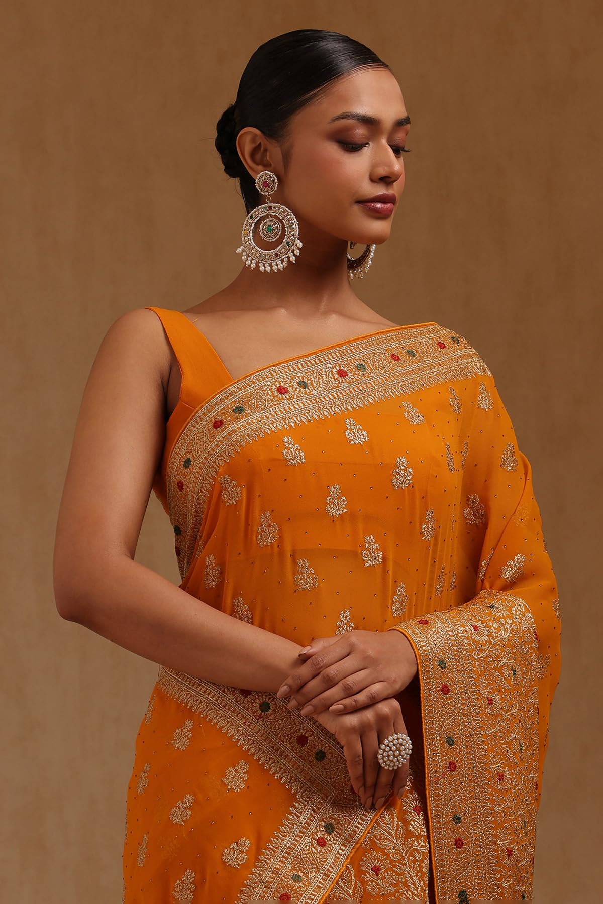 Soch Womens Mustard Georgette Embroidered Saree With Zari