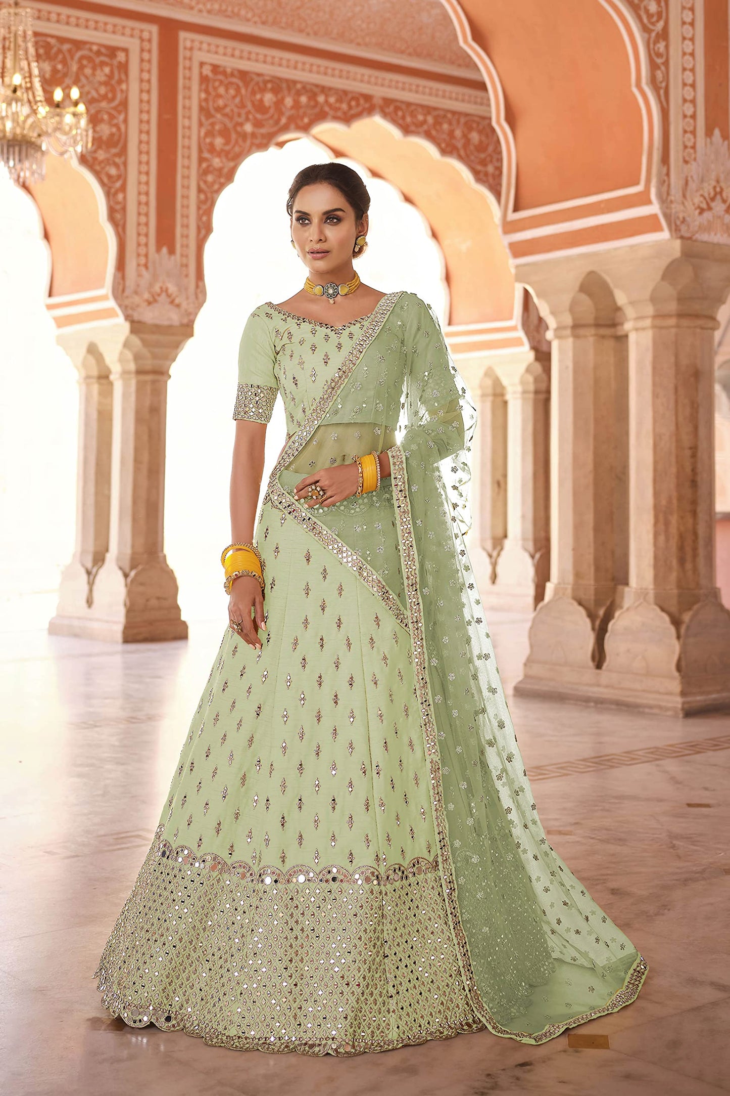 FUSIONIC Pista Green Color Art Silk Fabric Mirror Work Lehenga Choli For Women