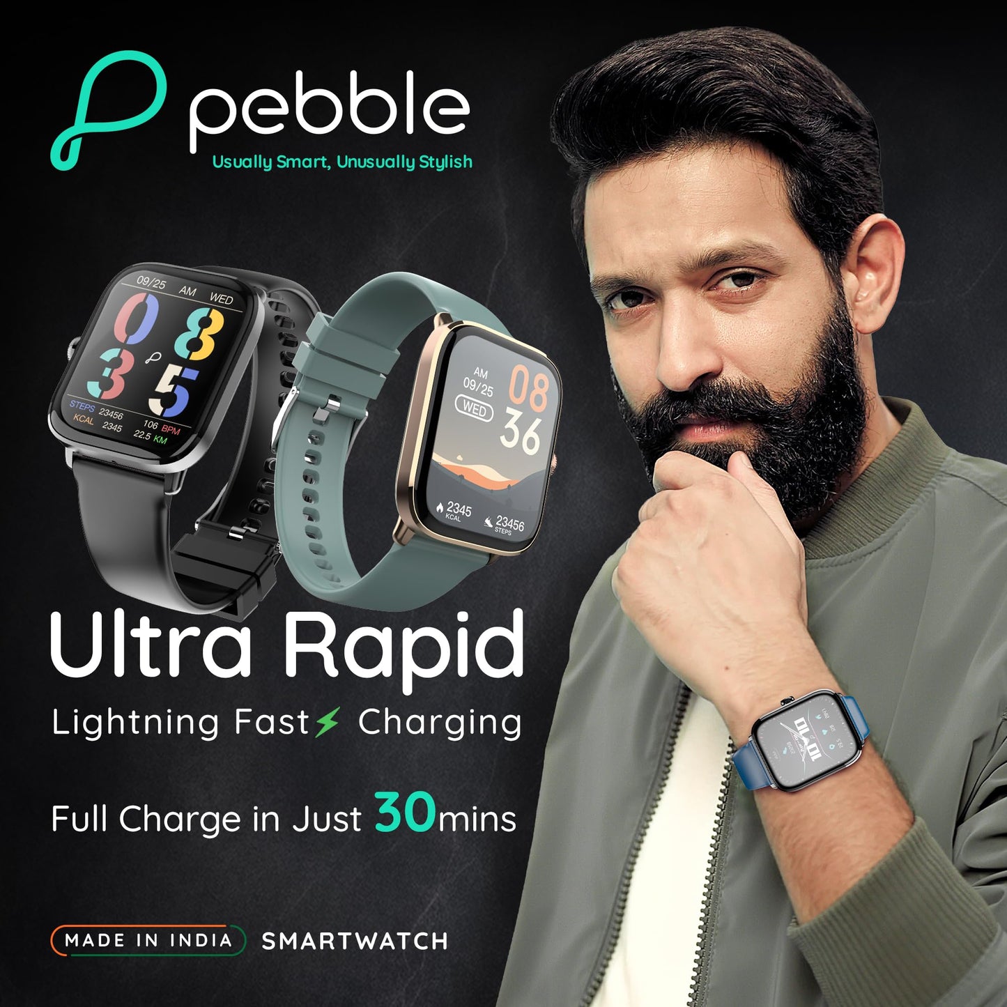 (Refurbished) Pebble Ultra Rapid 1.83" HD Display. India's First Fastest Charging, Premium Metal Built, Unisex Design Smartwatch (Blush Green)