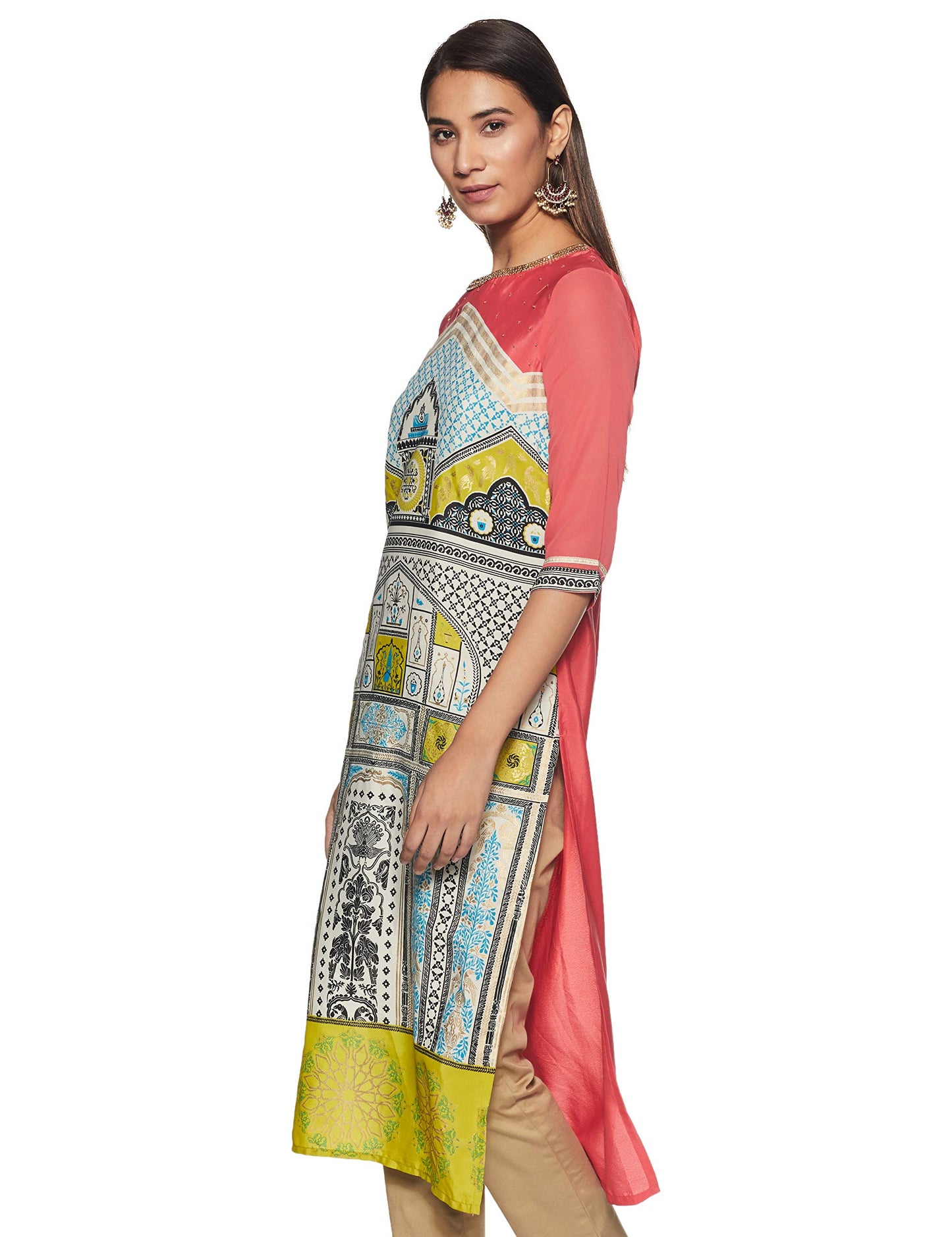 W for Woman Women's Crepe Straight Kurta (18FES11552-50689_ECRU_10_Multicoloured_M)