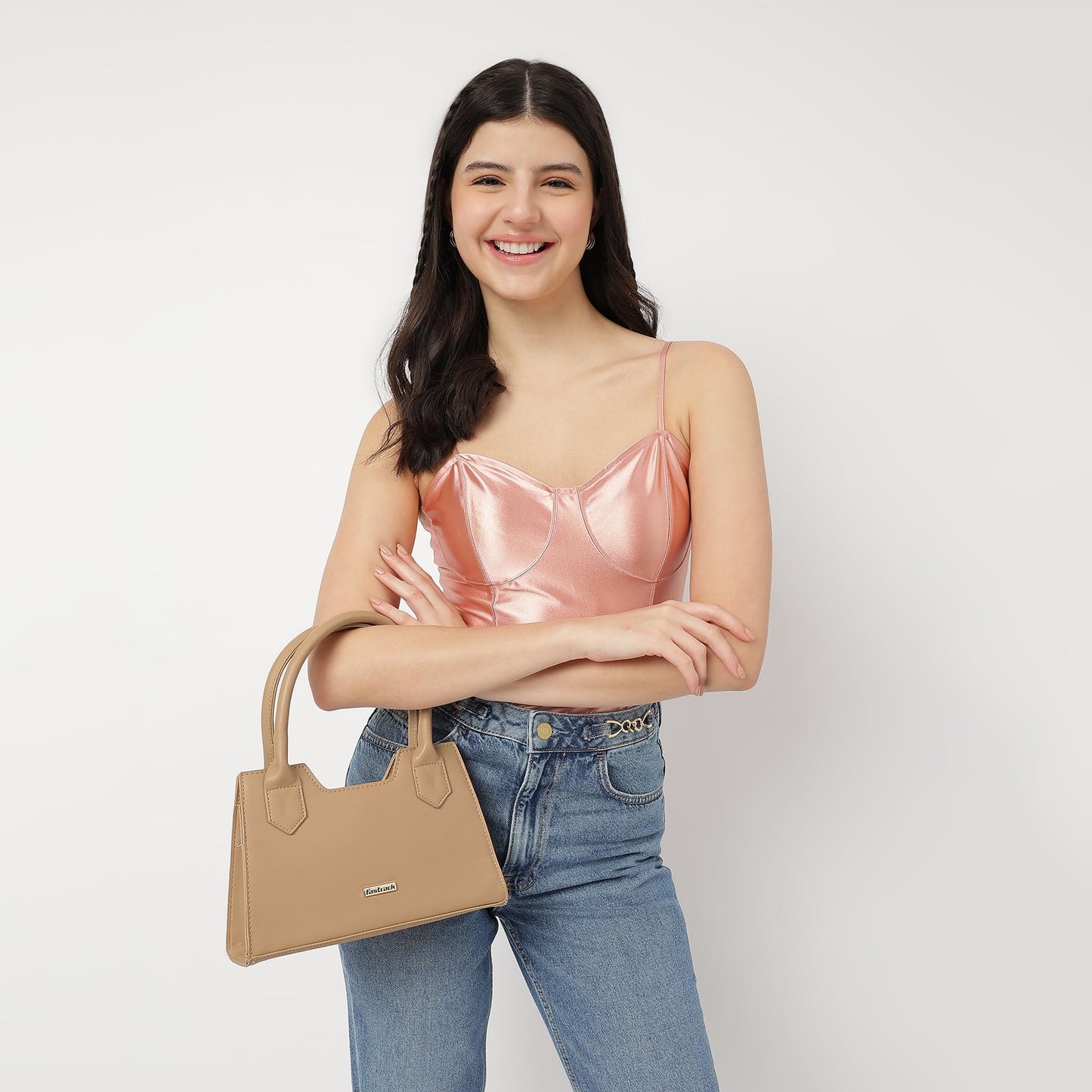 Fastrack Solid Handheld Bag For Women, Girls and Ladies | with Detachable Sling Strap | Ladies Purse Handbag | Trendy Handbags | Dual Carry Handbag, Beige