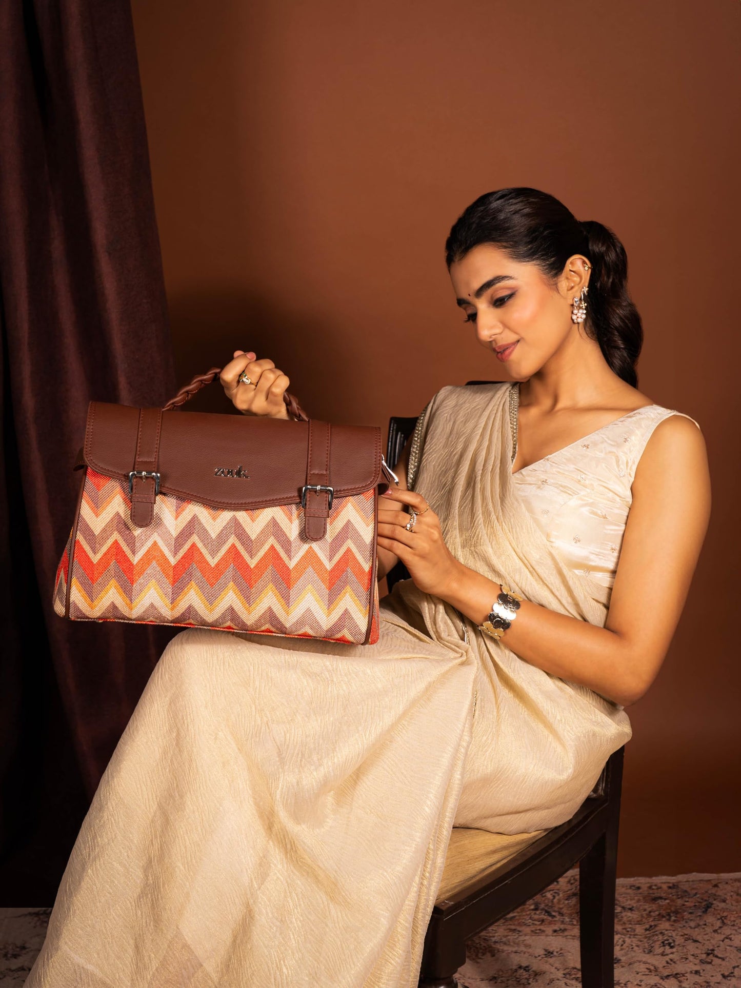 ZOUK Konkona Heritage Satchel Bag - Tidal Wave | Jute | Vegan Leather Handcrafted With Detachable Sling Strap| Orange