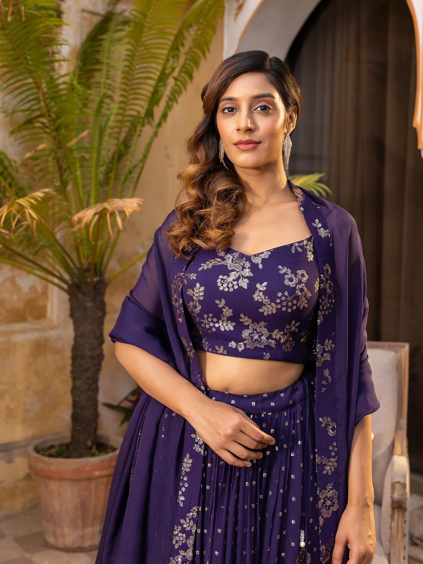 Zeel Clothing Women's Sequins and Thread Embroidered Work Georgette Lehenga Choli With Dupatta (6015-Purple-Women-Lehenga-Choli; Free size)