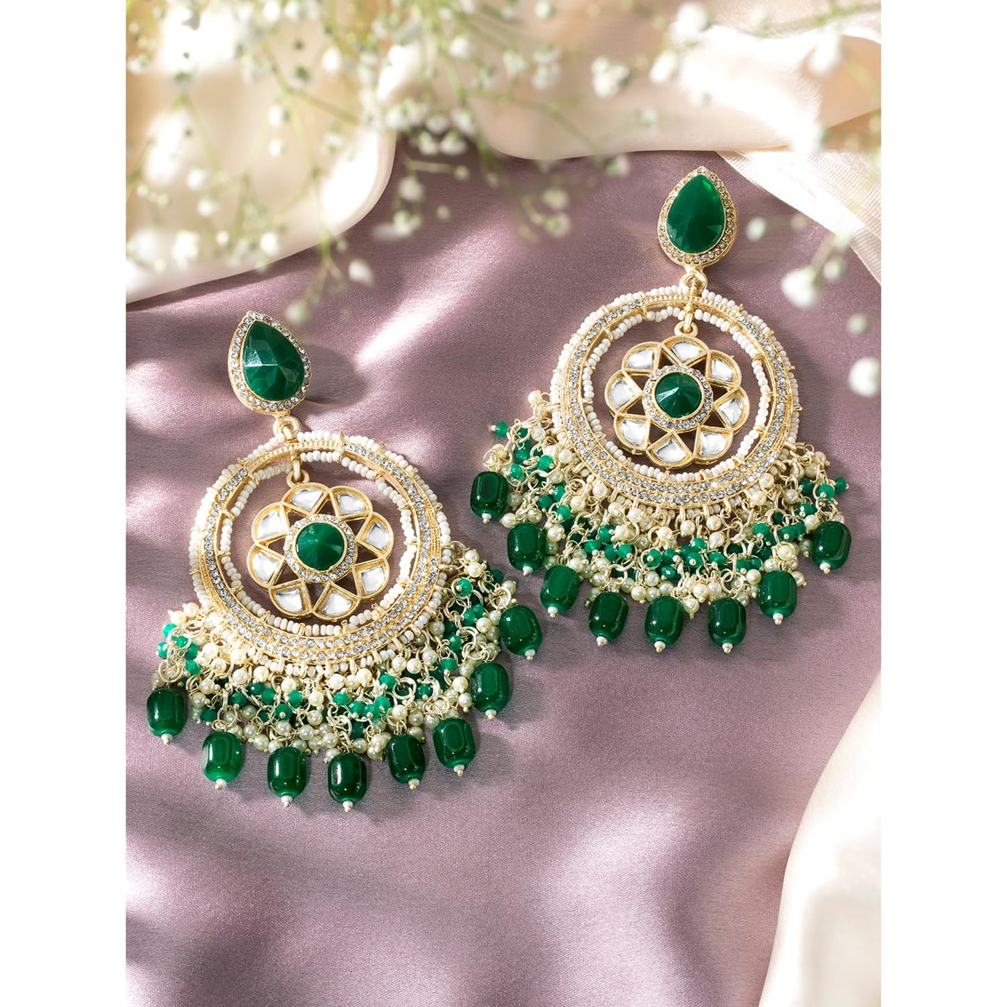 Peora Gold Plated Green Kundan & Beads Studded Ethnic Dangle Chandbali Earring Traditional Stylish Fancy Jewellery Gift for Girls & Women