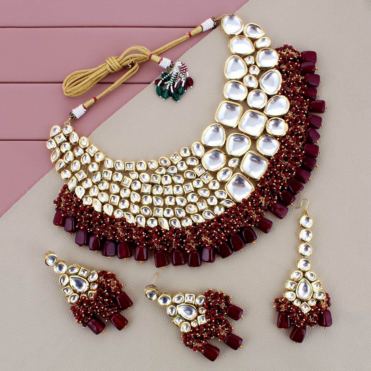 Lucky Jewellery Meenakari 18K Gold plated Maroon color Uncut dibbi Kundan Combo Necklace Set