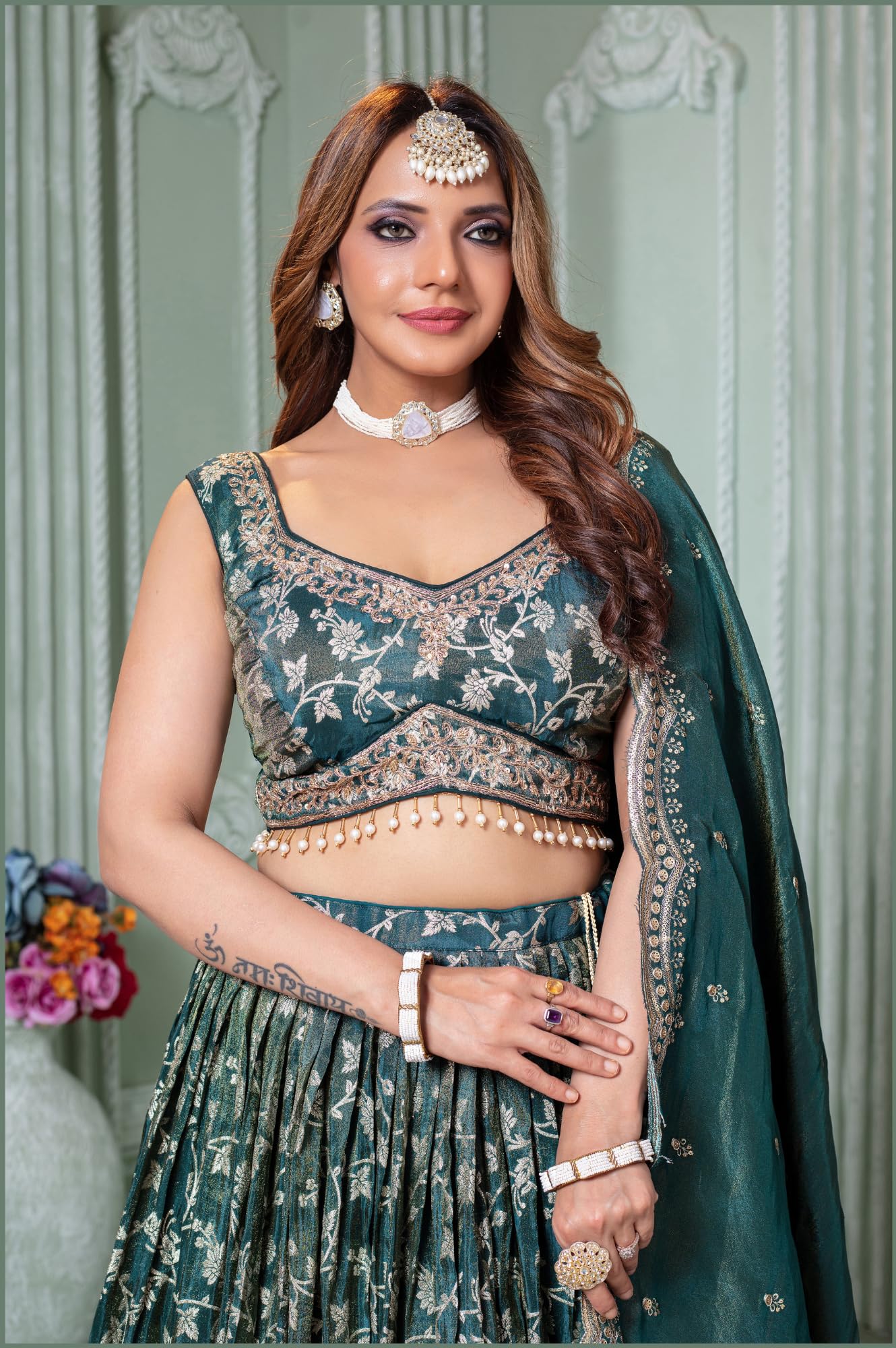 ADHIA Women's Embroidered Lehenga Choli with Dupatta | Silk Blend Wedding Lehenga Set | Traditional Indian Dress (Lehenga, Dupatta, Blouse, Teal Blue, Size - L)