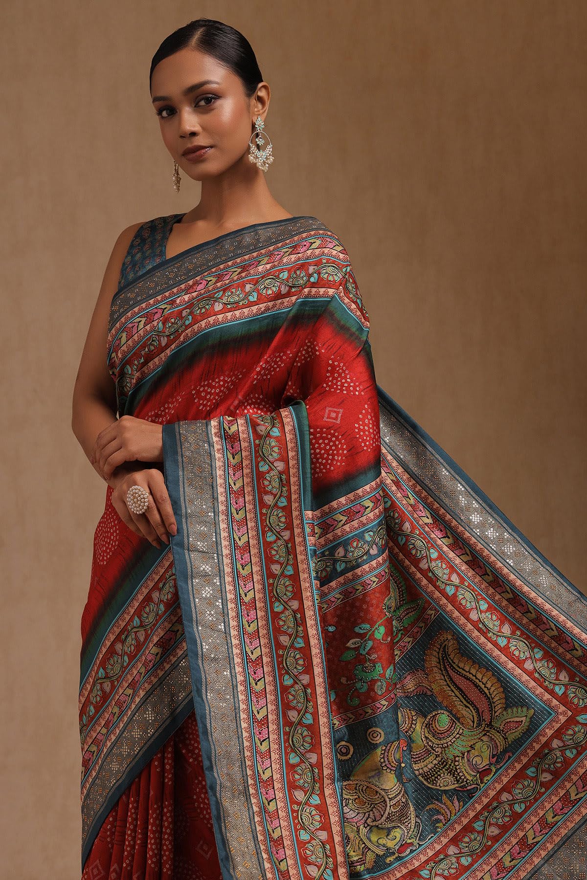 Soch Womens Red Dola Silk Kalamkari Saree With Stud Work