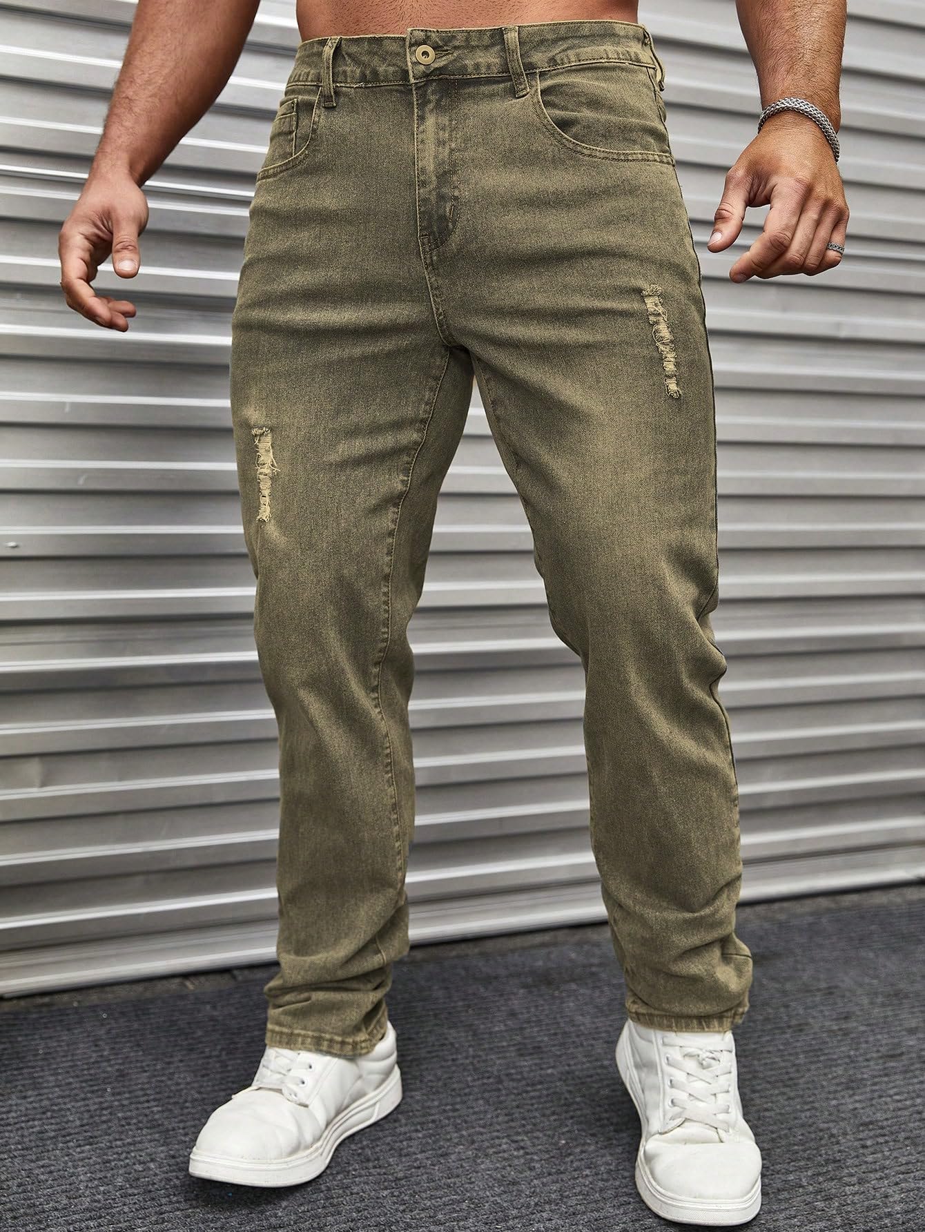 URBAN POCKETS Jeans for Men | Distressed Denim Pants with Slim Tapered Fit & Washed Look (Comfort-Tarry-Green-U06-32)