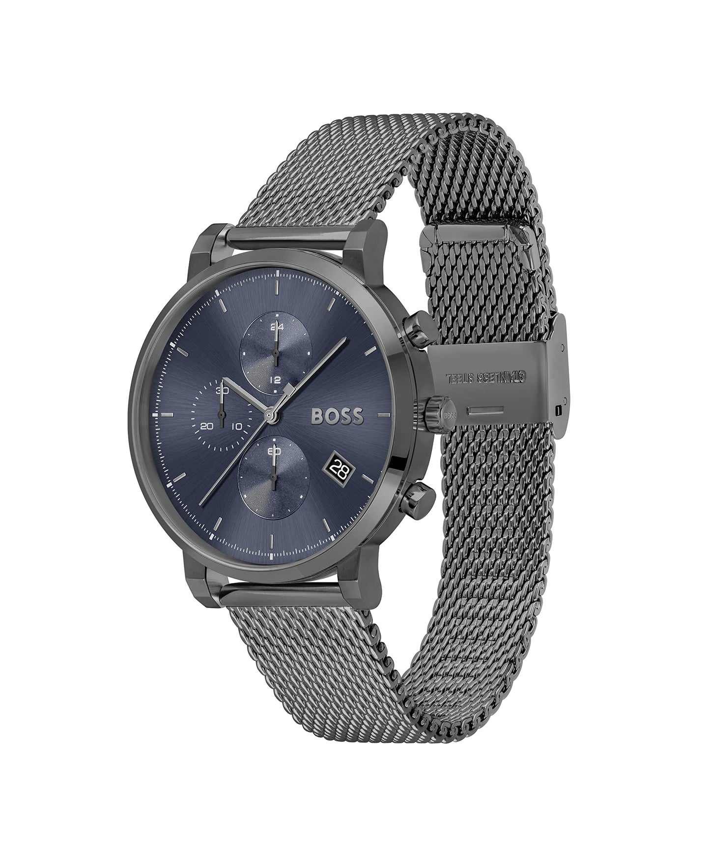 BOSS Integrity Qtz Fashion Chrono Blue Round Dial Men's Watch|Ionic Plated Grey Steel Material|Grey Color Band - 1513934