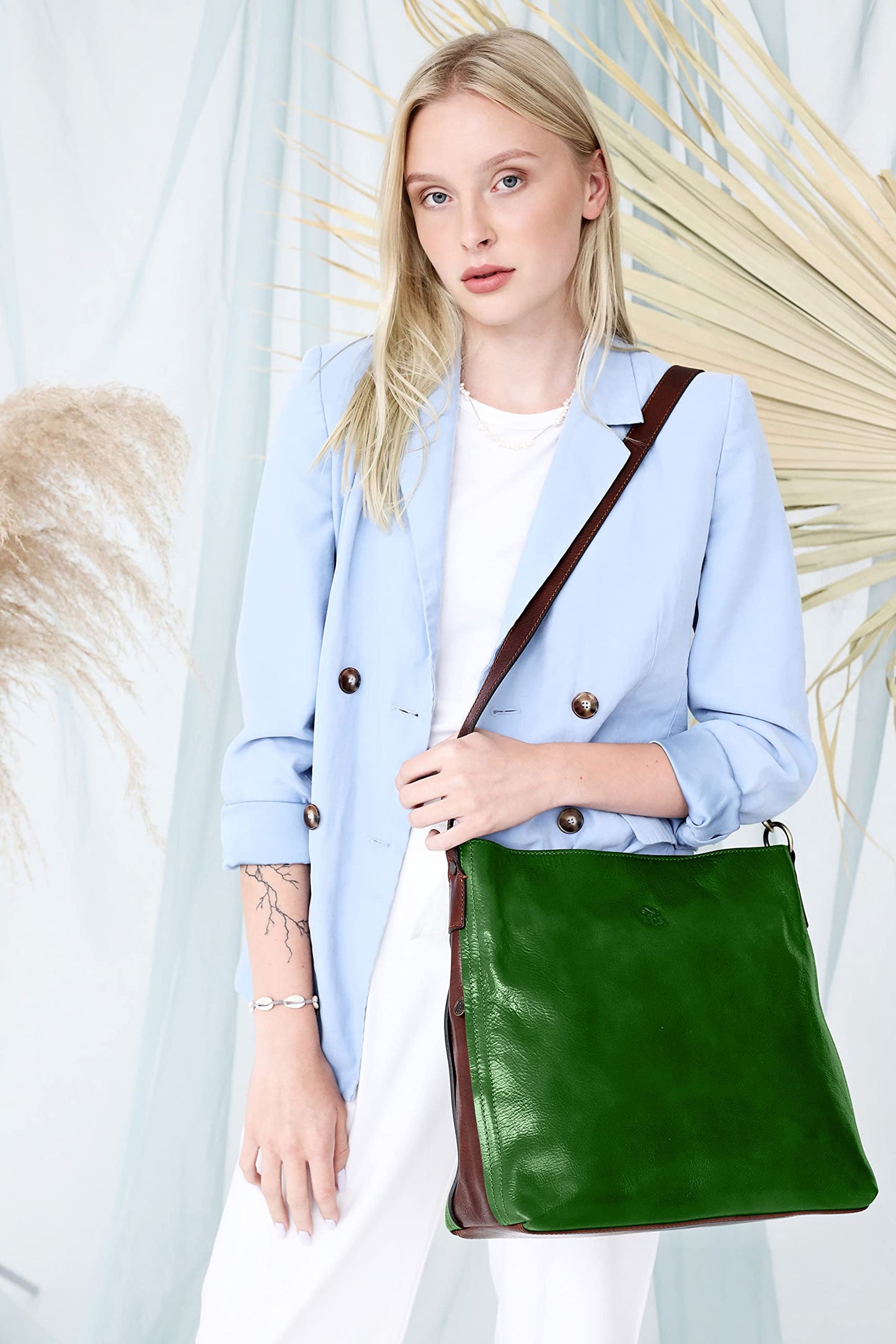 Leather Handbag - Shoulder Bag - Convertible Purse for Women - Time Resistance, Green, One Size