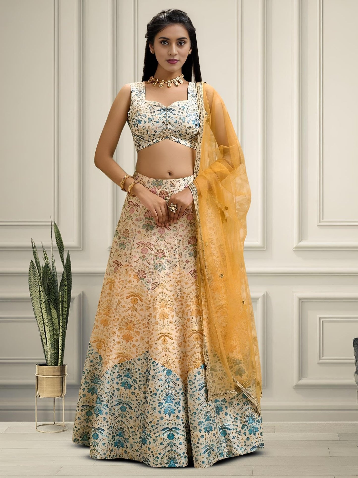 Zeel Clothing Women's Zari and Digital Print Work Art Silk Lehenga Choli with Dupatta (5073-Multi-Womens-Lehenga-Choli-New; Free Size)