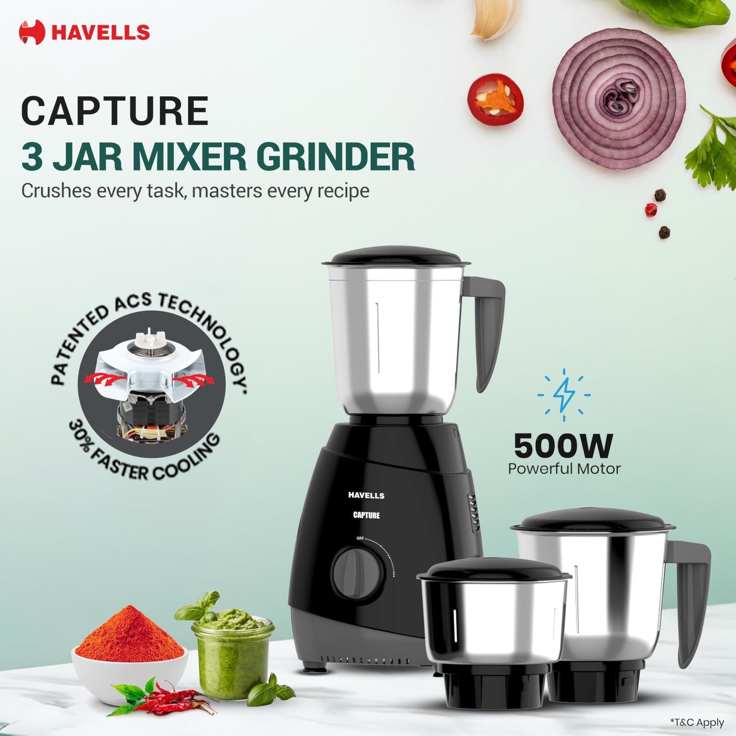 Havells Capture 500W Mixer Grinder 3 Stainless Steel Jars | 21000 RPM High-Speed Motor | Rust-Resistant 304 SS Blades | 1.5L Large Blending Jar | Overheat Protection | 1-Year Warranty (Black)