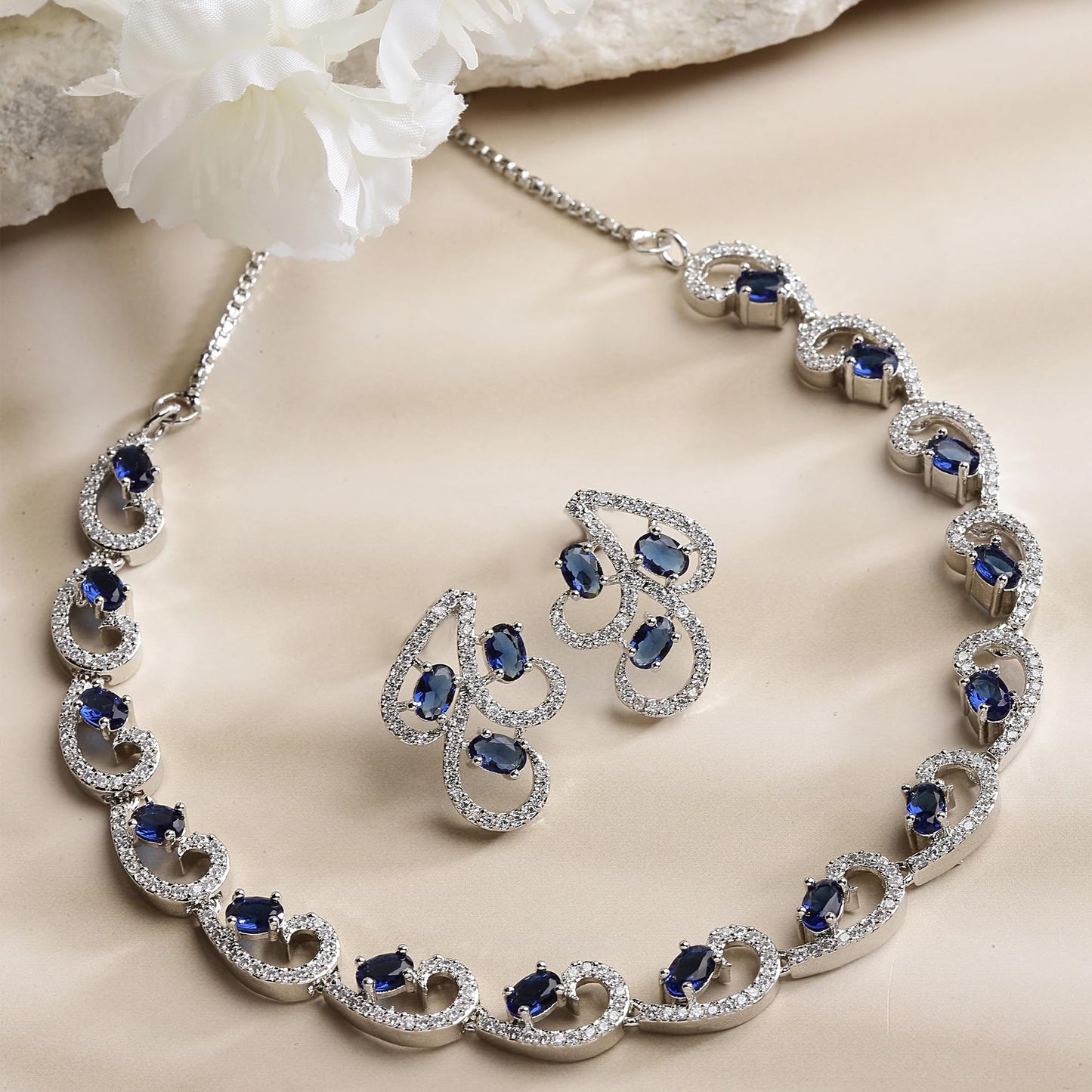 ZENEME Rhodium-Plated with Silver-Toned Blue and White Cubic Zirconia & American Diamond studded Necklace and Drop Earrings Jewellery Set (Blue) For Women
