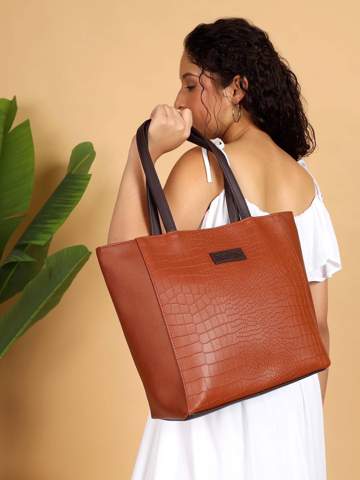 Pramadda Pure Luxury Stylish Faux Leather Tote Bag For Women | Shoulder Handbag For College Office Daily Use | Solid Checks Dual Tone | Gift Item For Women. (Tan)