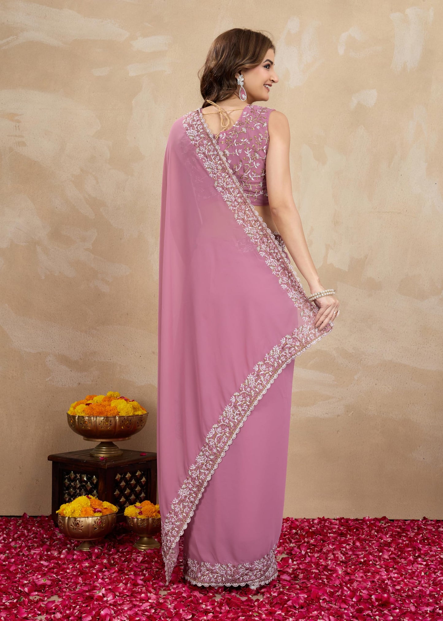 TRENDMALLS Women's Georgette Embroidery Sequin Work Saree with Unstitch Blouse Piece (K1001-Pink-)